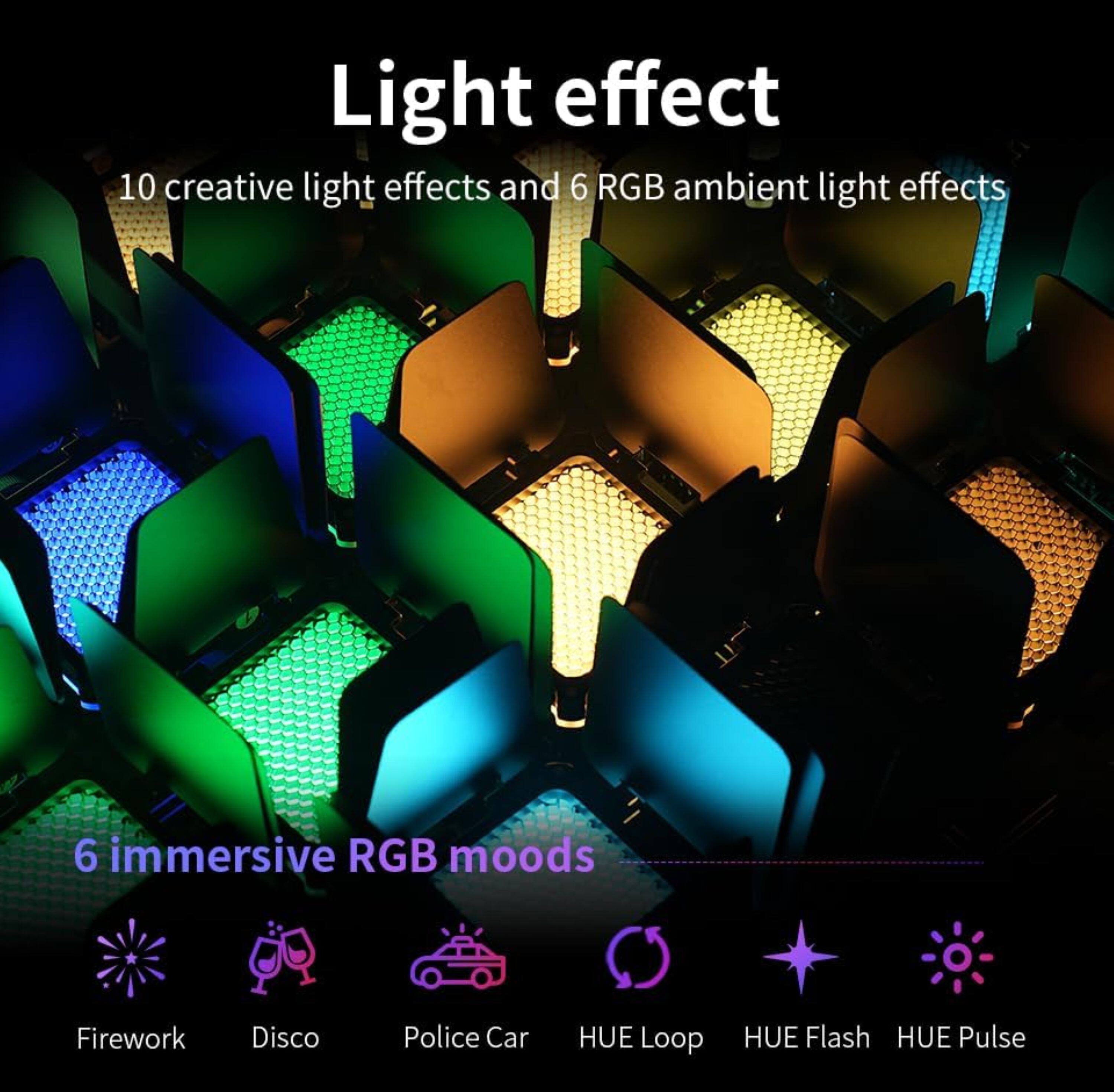 Light Effect: 10 Creative Light Effects and 6 RGB Ambient Light Effects

6 Immersive RGB Moods: Firework, Disco, Police Car, HUE Loop, HUE Flash, HUE Pulse