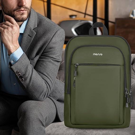 Alt View 2. mosiso - Laptop Backpack for Men, 15.6 inch Slim Lightweight Computer Bag, Waterproof Work & Travel Daypack with Luggage Strap - Army Green.