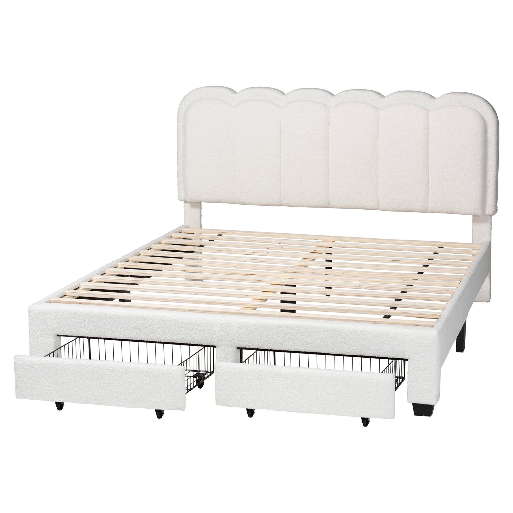 Back. Baxton Studio - Baxton Studio Caradonna Cream Teddy-Bear Fabric Bed with Storage Drawers - Fully Upholstered Platform Bed, Queen - Cream.