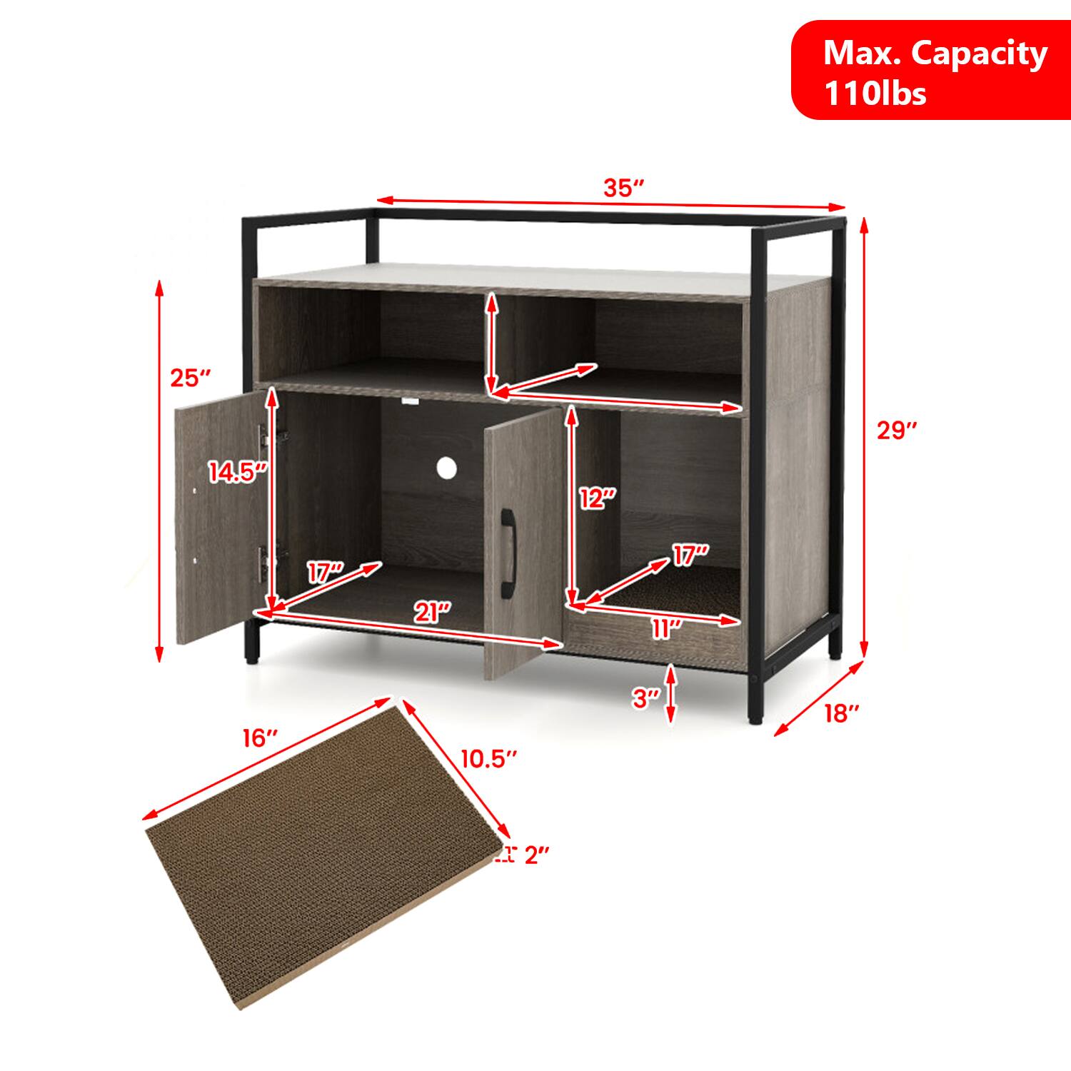 Max. Capacity 110lbs  
35" 25" 14.5" 12" 29" 17" 21" 17" 11" 16" 10.5" 3" 18" 2"