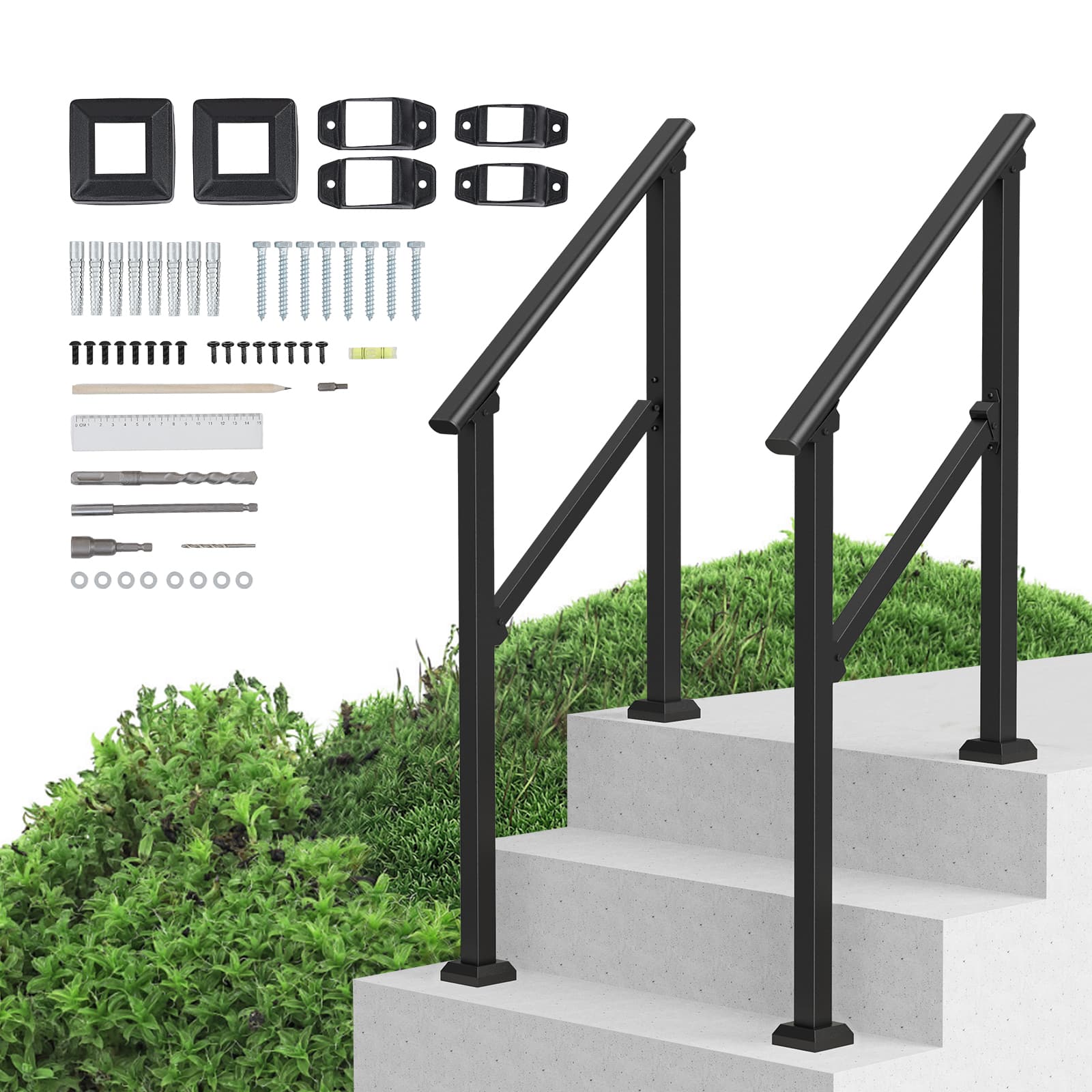VEVOR - Handrails for Outdoor Steps,2 PCS 2-3 Step Stair Hand Rail Kit,Transitional Carbon Steel Railings with Installation Kit - Black