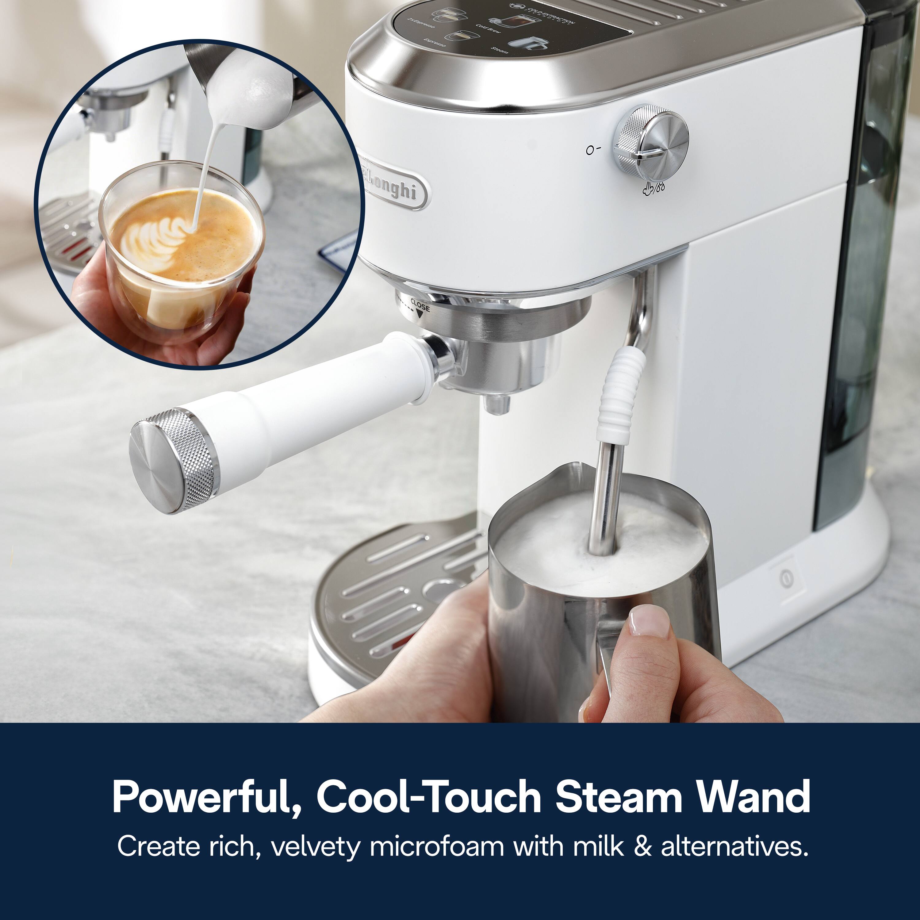 The text on the image can be grouped and corrected as follows:

"Powerful, Cool-Touch Steam Wand: Create rich, velvety microfoam with milk & alternatives."

This text highlights the features of the steam wand on the coffee machine, emphasizing its power and cool-touch design, which allows for the creation of rich, velvety microfoam using milk or milk alternatives.