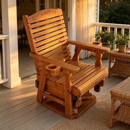 Fortune Candy - Wooden Swivel Glider Chair, 360° Patio Rocker, Solid Fir Wood, Smooth Glide for Porch Yard Garden( - Teak Tone