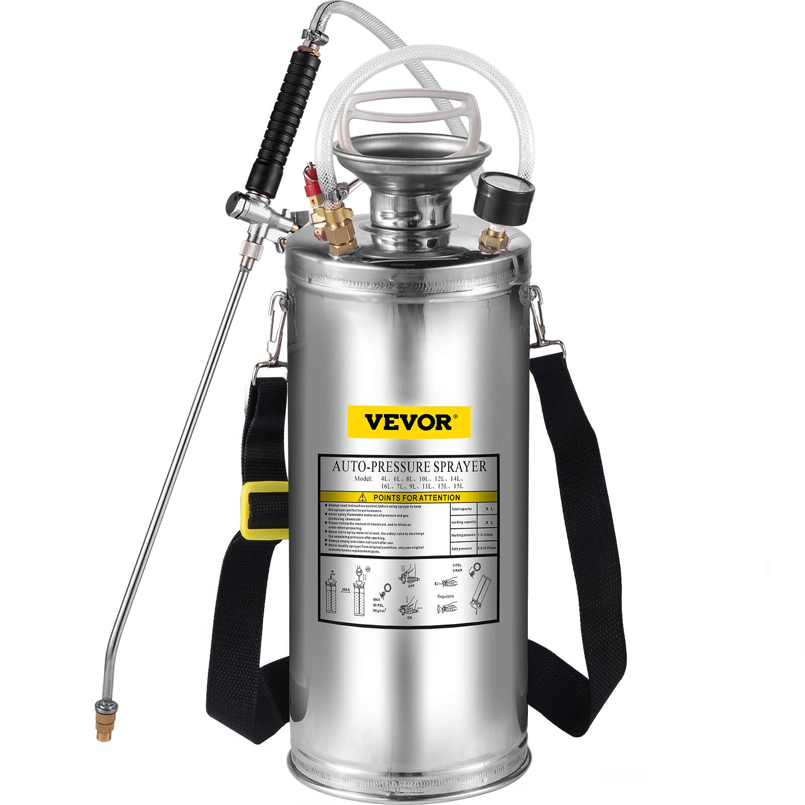 VEVOR AUTO-PRESSURE SPRAYER  
Model: 16L, 21L, 32L, 50L  

POINTS FOR ATTENTION:  
- Ensure the sprayer is properly assembled before use.  
- Check the pressure gauge before each use.  
- Do not overfill the sprayer.  
- Use only with the recommended nozzle.  
- Avoid spraying in enclosed spaces.  
- Keep away from heat sources.  
- Do not use with flammable liquids.  
- Follow the instructions for the specific liquid being used.  
- Regularly inspect the sprayer for any damage.  
- Store in a cool, dry place.  
- Do not use if the sprayer is damaged or leaking.  
- Follow local regulations for disposal.  

(Additional text and diagrams may be present on the label, but they are not fully legible in the image.)
