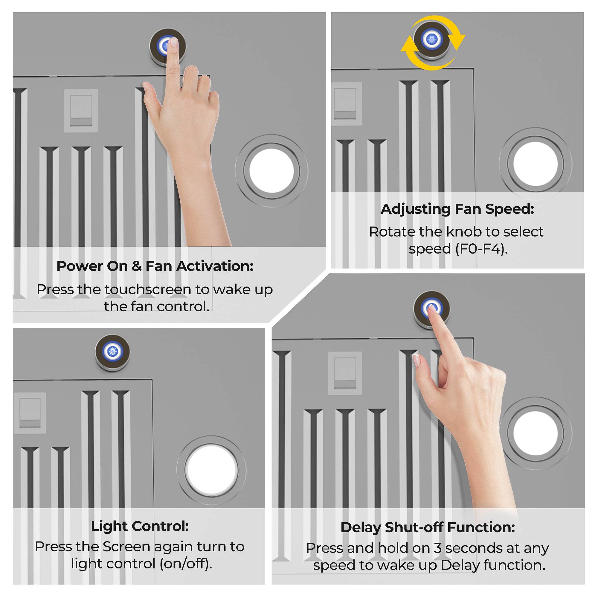 Power On & Fan Activation: Press the touchscreen to wake up the fan control.
Adjusting Fan Speed: Rotate the knob to select speed (FO-F4).
Light Control: Press the Screen again turn to light control (on/off).
Delay Shut-off Function: Press and hold on 3 seconds at any speed to wake up Delay function.