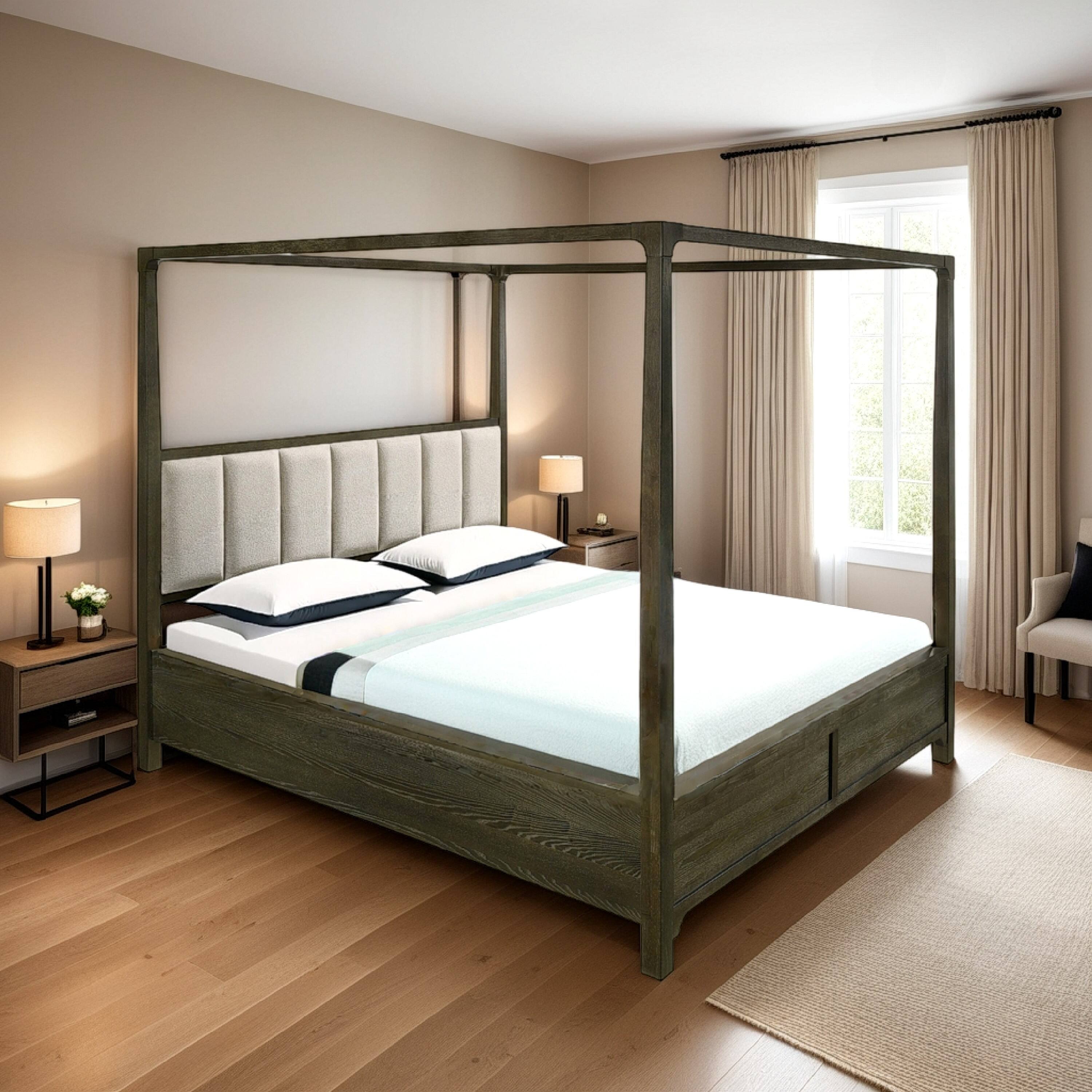 Alt View 5. Manhattan Lane - Seon Queen Canopy Bed w 4 Posters, Ivory Upholstery, Dark Cocoa Brown - Dark Cocoa Brown, Ivory.