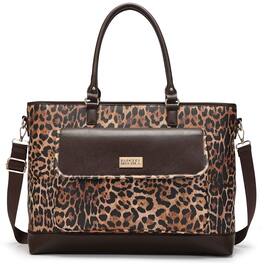 Badgley Mischka - Leopard Lux Weekender Bag, Vegan Leather Duffel with Trolley Sleeve - Brown