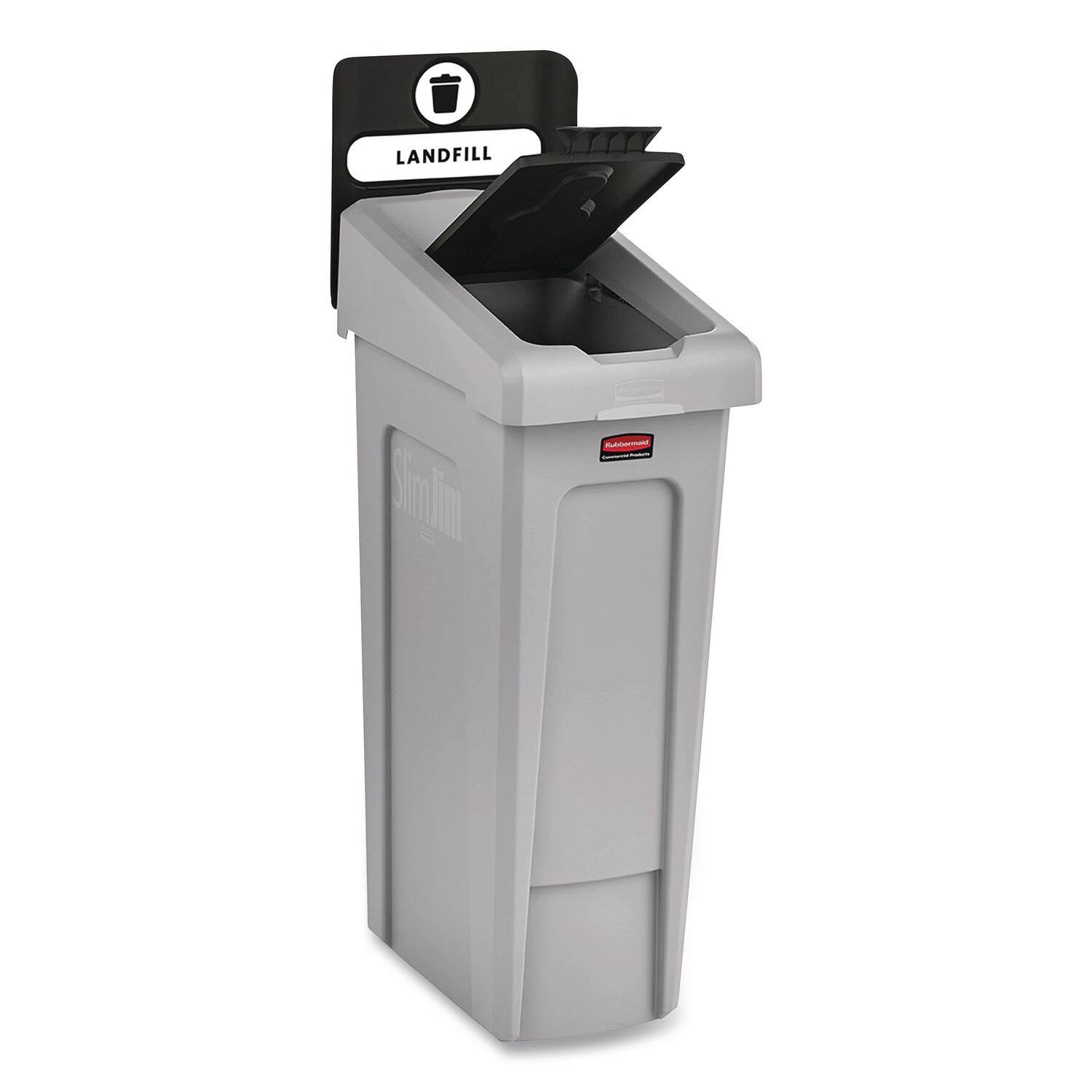 Left. RubberMaid - Slim Jim Recycling Station Kit, 1-Stream Landfill, 23 gal, Plastic, Gray/Black.