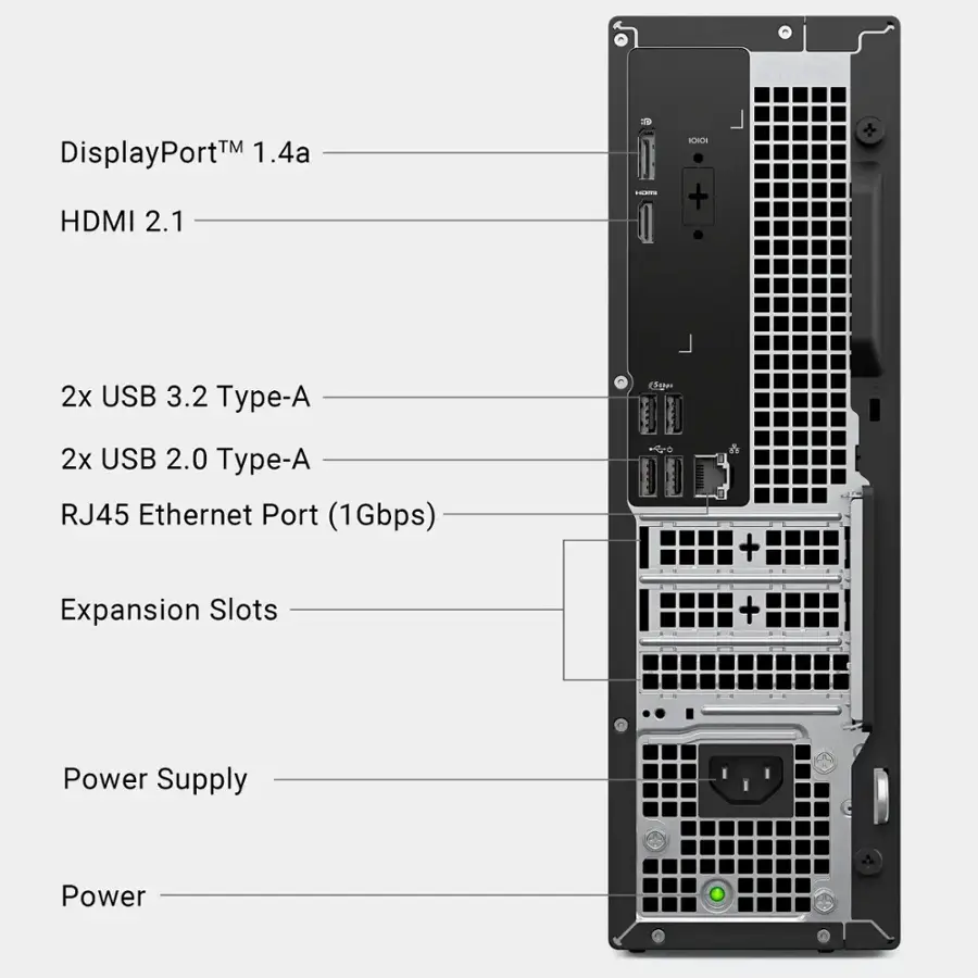 DisplayPort 1.4a HDMI 2.1 2x USB 3.2 Type-A 2x USB 2.0 Type-A RJ45 Ethernet Port (1Gbps) Expansion Slots Power Supply