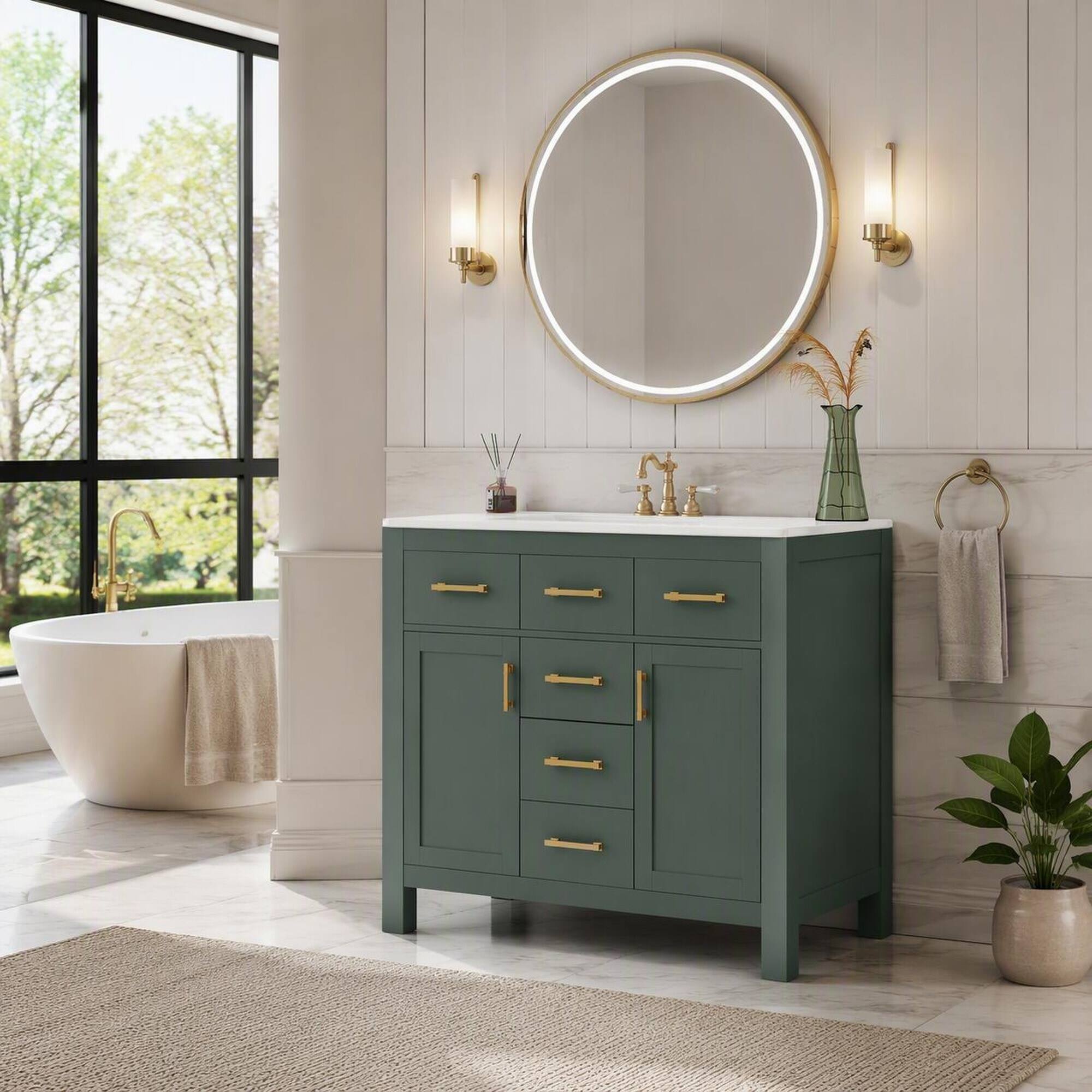 Angle. RYHNUYNE - Green 36 Inch Freestanding Bathroom Vanity with Ceramic Sink and 4 Drawers plus 2 Cabinets - Green.