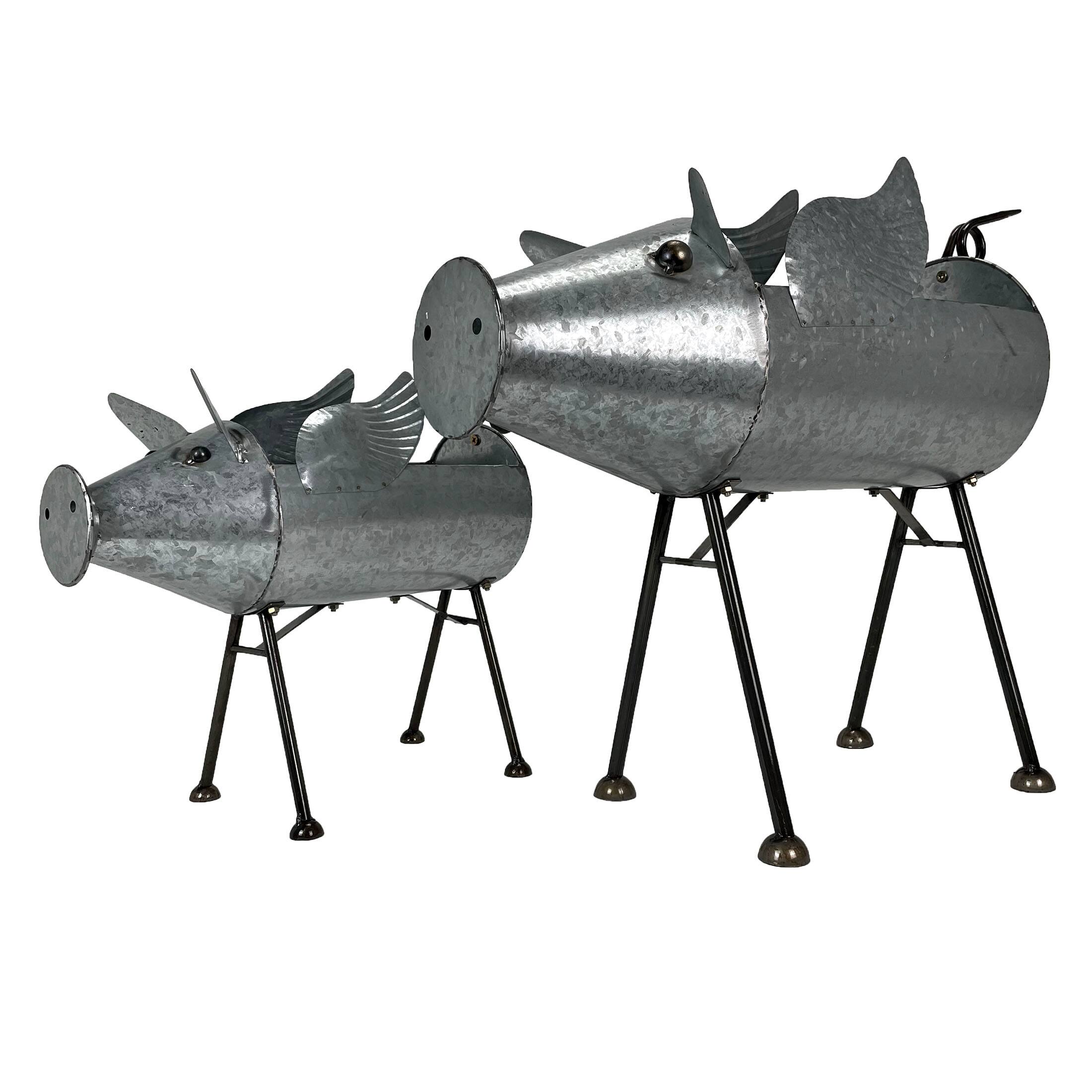 Alt View 2. Zeckos - Set of 2 Flying Pig Planters - Distressed Metal - Whimsical Farmhouse Decor - Flying Silver.