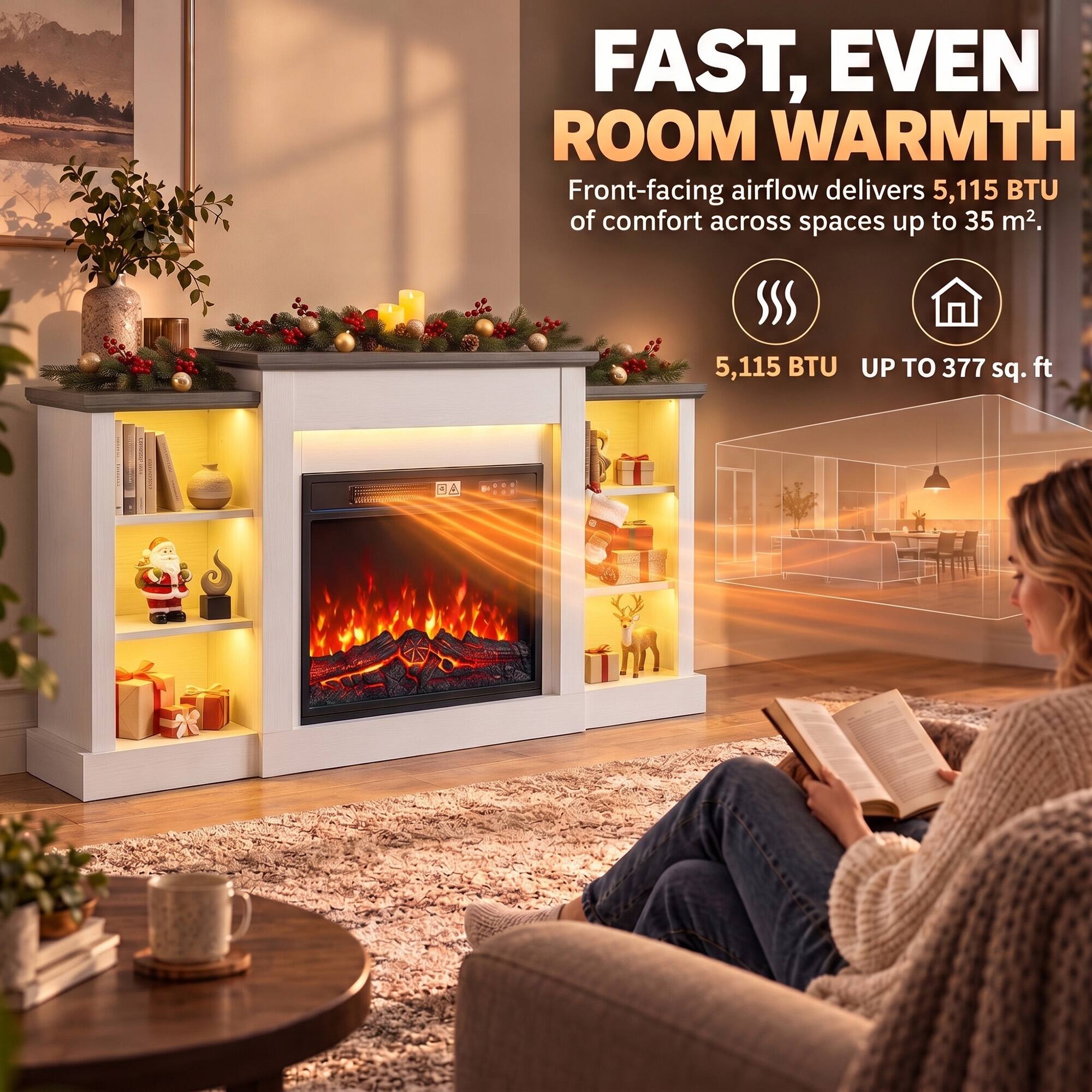 FAST, EVEN ROOM WARMTH  
Front-facing airflow delivers 5,115 BTU of comfort across spaces up to 35 m².  
5,115 BTU UP TO 377 sq. ft