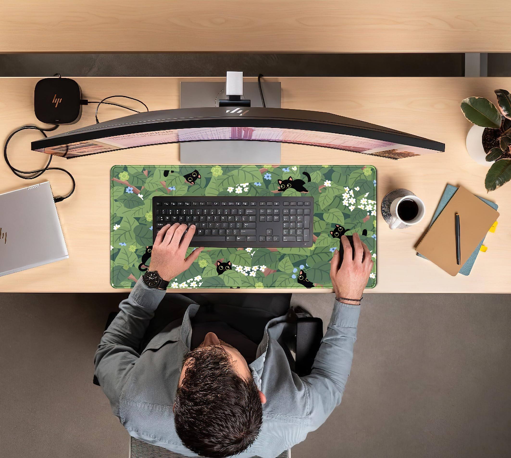 Alt View 4. Fabibe - Anime Aesthetic Black Cat Forest Plant Desk Mat  Green Sage Xxl Large Extended Mouse Pad Gaming Cute Cats Laptop And ... - Green Plant Lovers.