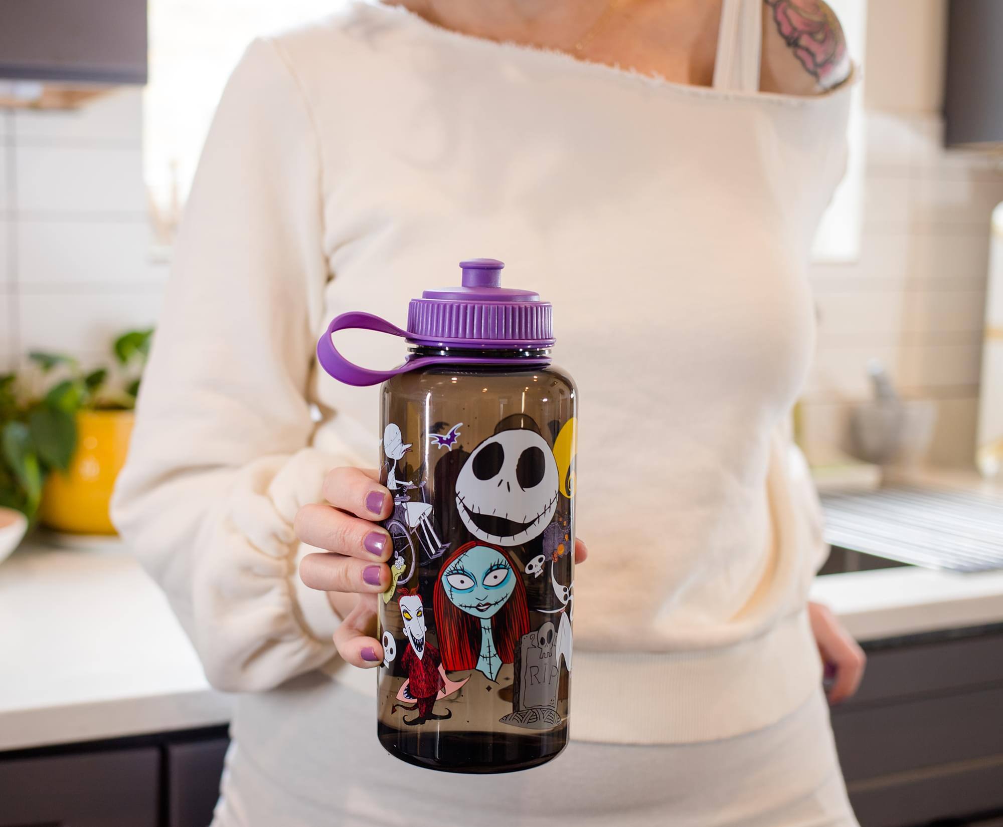 Alt View 3. Disney - The Nightmare Before Christmas Plastic Water Bottle | Holds 34 Ounces - Purple.