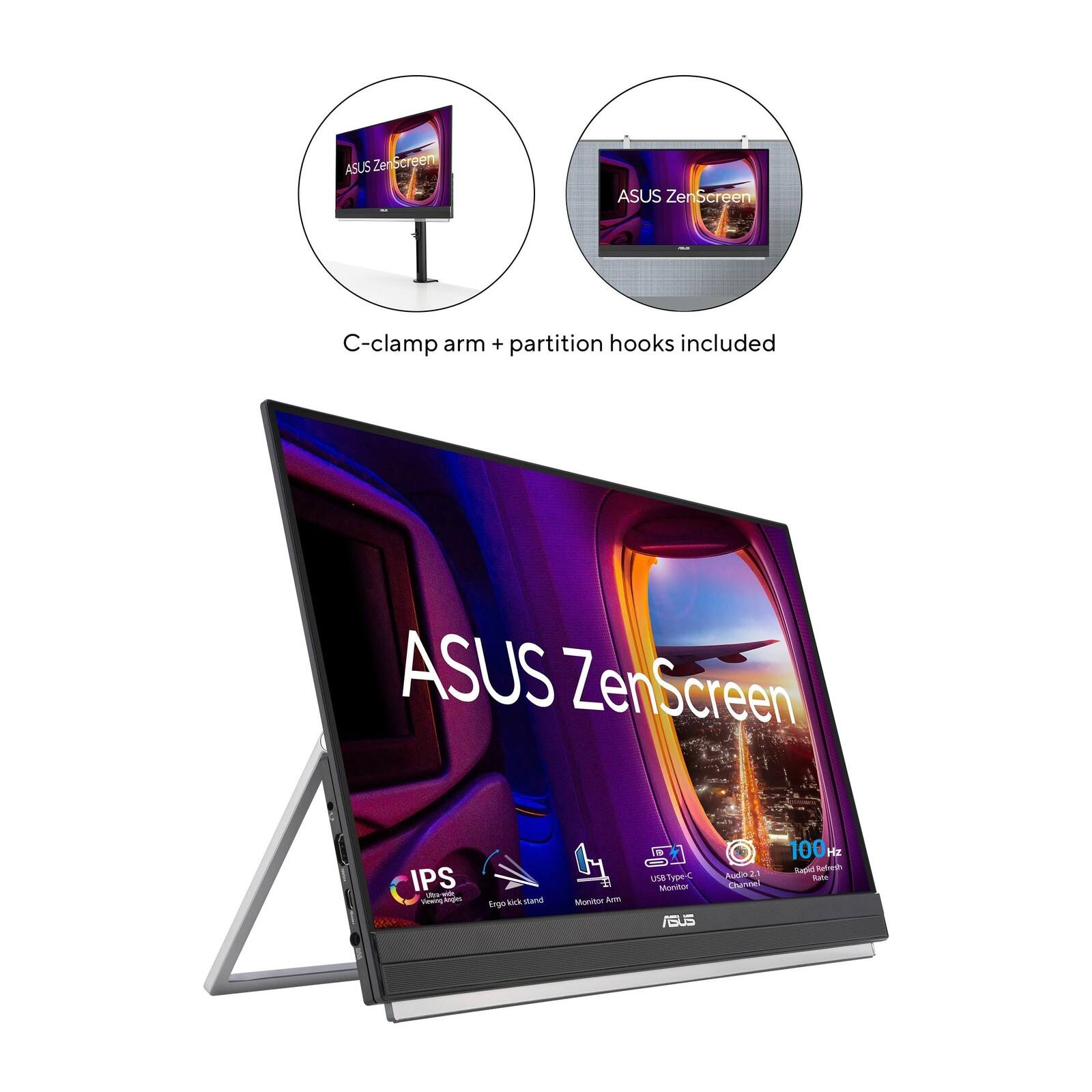 ASUS ZenScreen Ze ASUS Zer Screen C-clamp arm + partition hooks included ASUS ZenScreen IPS AE 1 I f Eego vak mand  Mantor Arm 51 USBTypeC Ue Type C More SUS Nado 2.1 Chirnel T 100 Hz Tupit aleg M