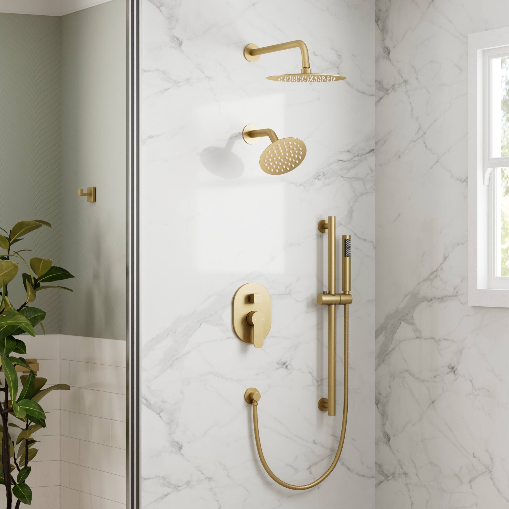 Angle. GRANDJOY - Wall Mounted Shower System Set with 10" Rainfall Shower Head, Handheld Shower and Adjustable Slide Bar - Brushed Gold.