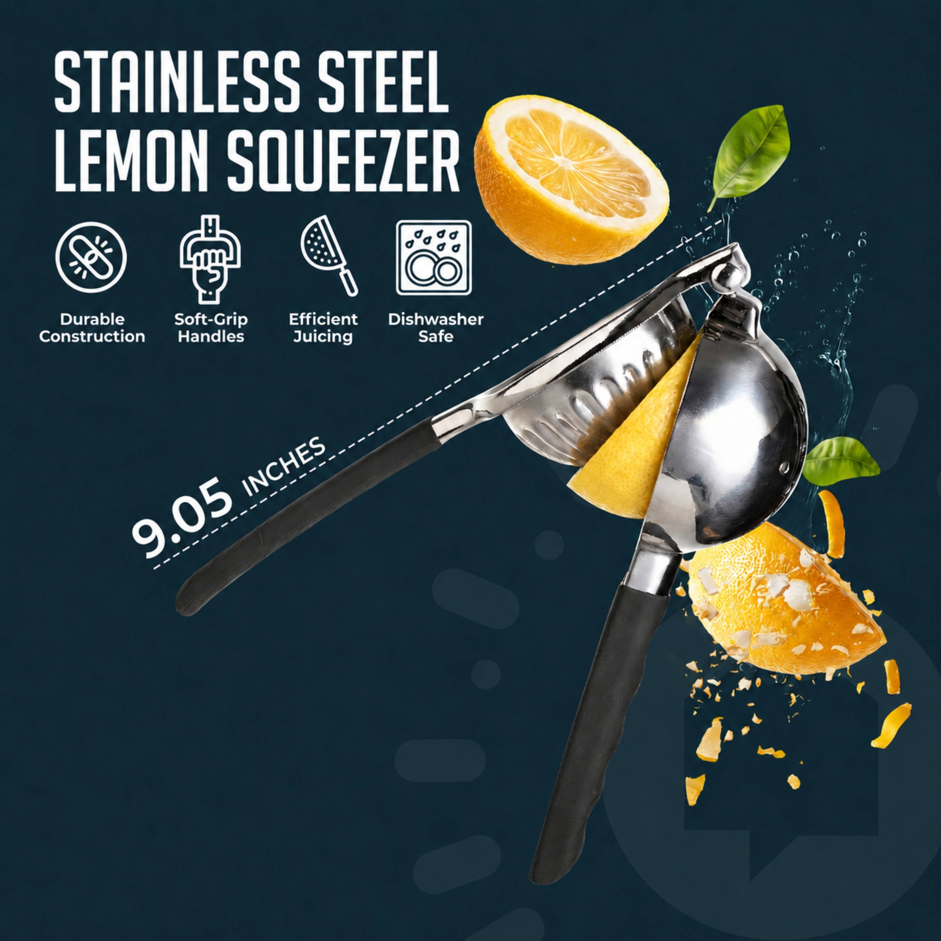 STAINLESS STEEL LEMON SQUEEZER

- Durable Construction
- Soft-Grip Handles
- Efficient Juicing
- Dishwasher Safe

9.05 INCHES