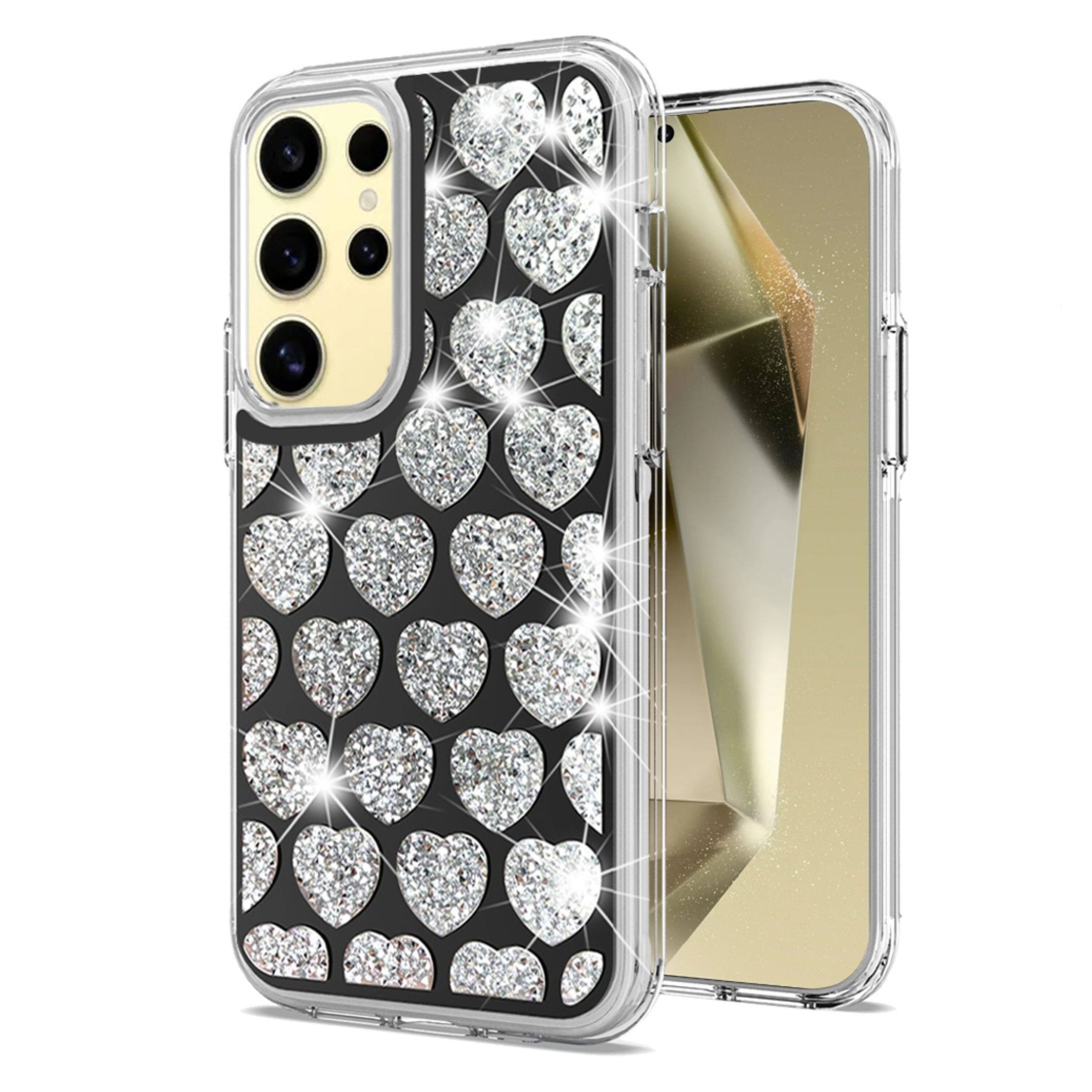 Front. Kitcheniva - Hybrid Shimmering Bling Design Phone Case With Tempered Glass For Samsung Galaxy S25 Ultra Hearts - Black.