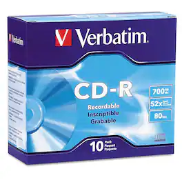 Verbatim - 94935 700 MB/80 min 52x CD-R Recordable Discs in Slim Jewel Case - Silver (10/Pack) - true
