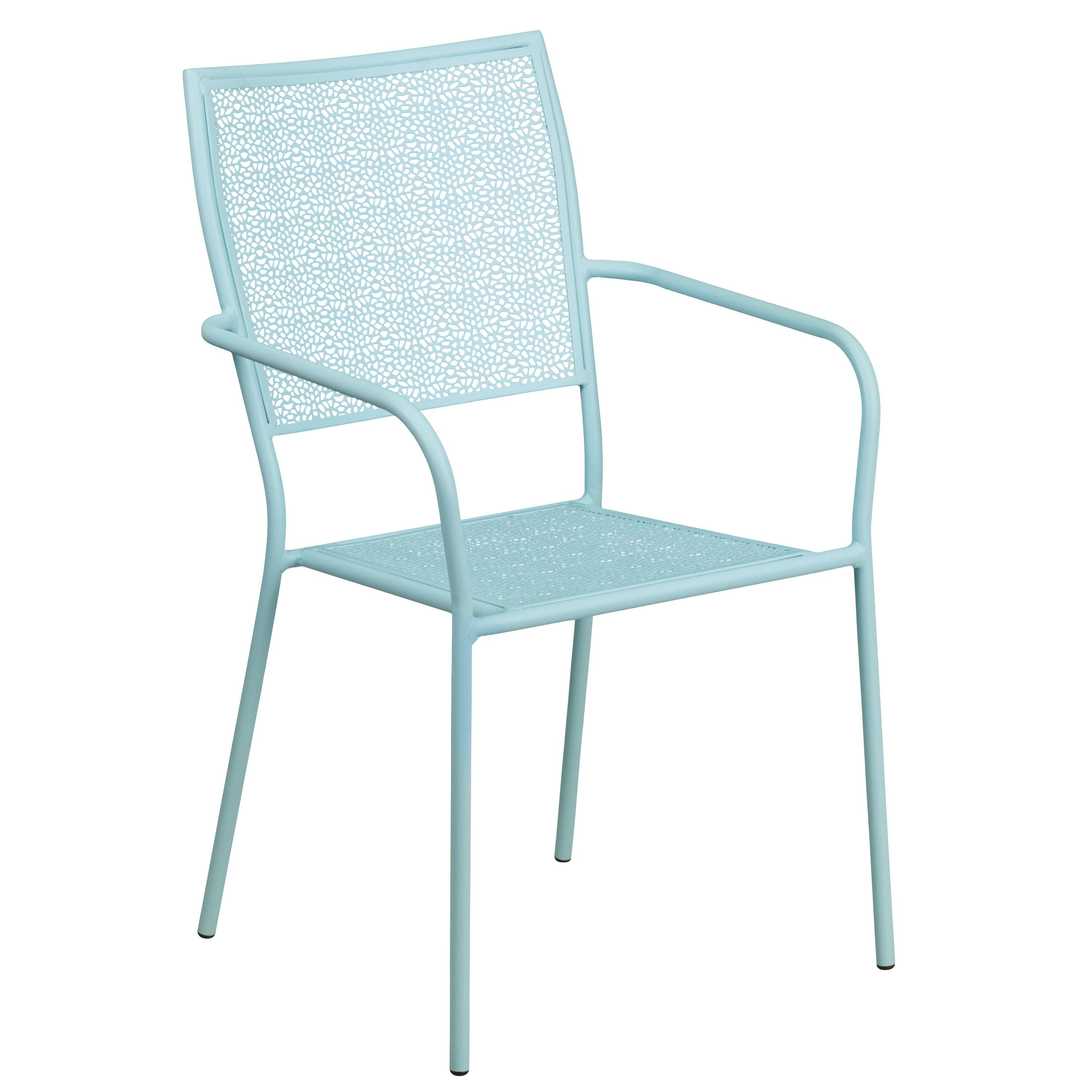 Alt View 4. Emma + Oliver - Commercial Grade 35.5" Square Metal Garden Patio Table Set, 2 Square Back Chairs - Sky Blue.