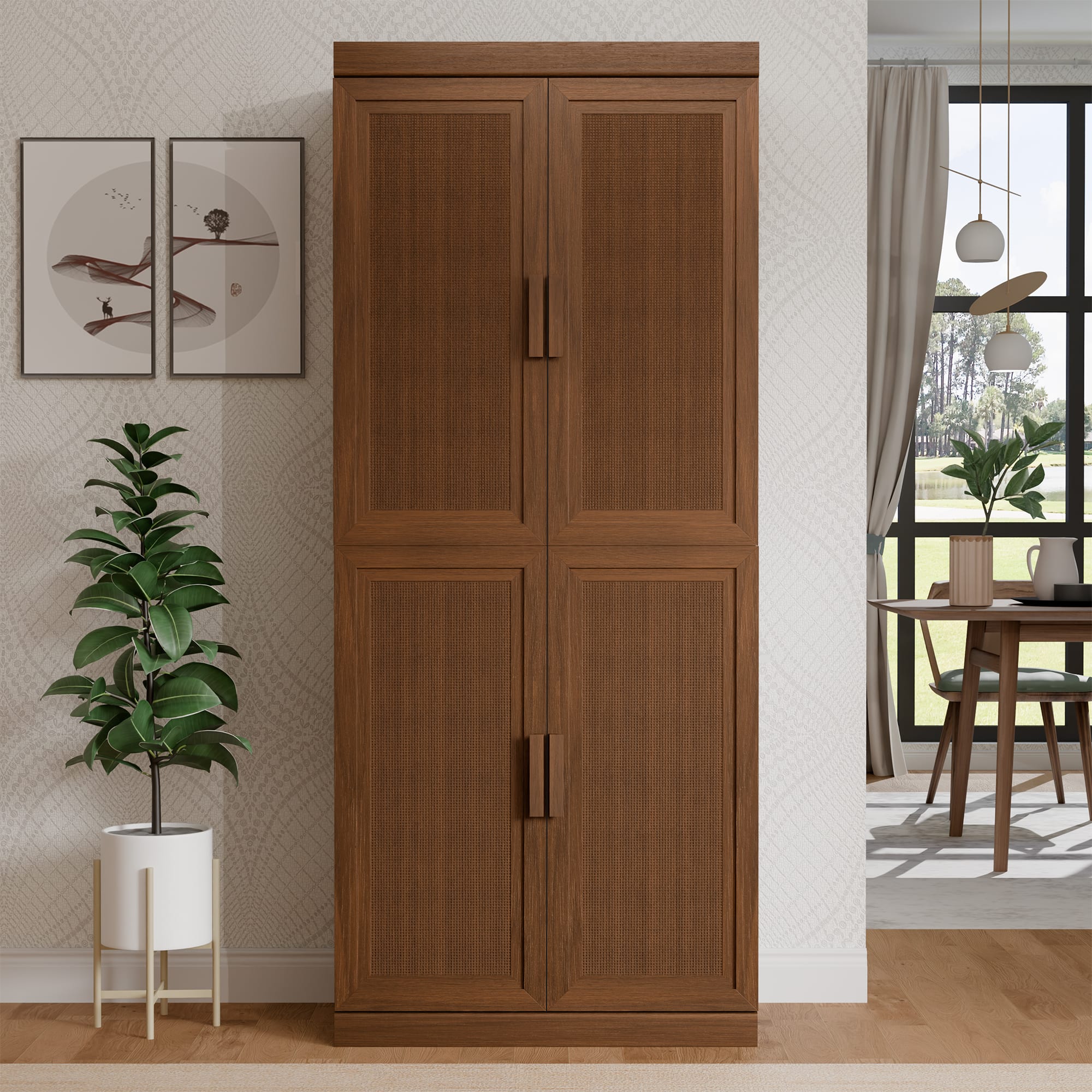 PexFix - 72" Kitchen Pantry Cabinet, Oak Freestanding Storage Cabinet with Woven Doors and Adjustable Shelves for Dining Room - Walnut