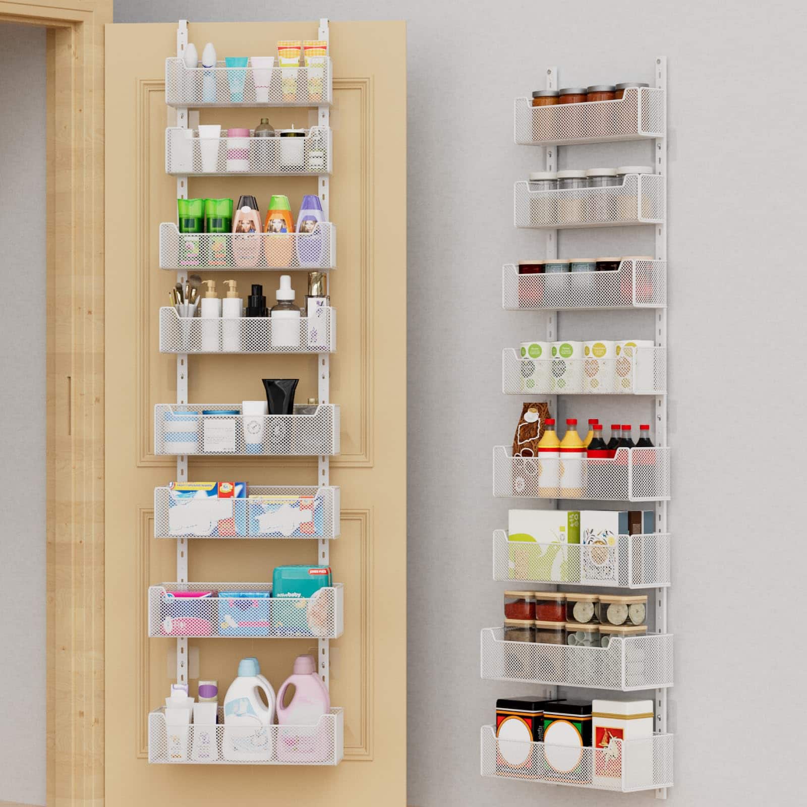 Cedar Assembly - Over The Door Organizer, Metal Door Organizer Hanging with 5 Adjustable Baskets and Coat Hook, Behind The D - 8-Tier White