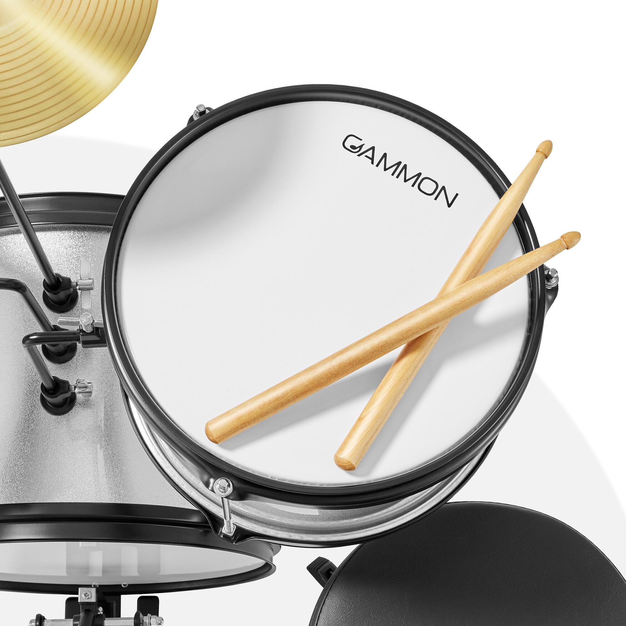 Alt View 3. Gammon Percussion - 3pc Junior Drum Set - Beginner Kit with Throne - Cymbal - Drumsticks - Silver.