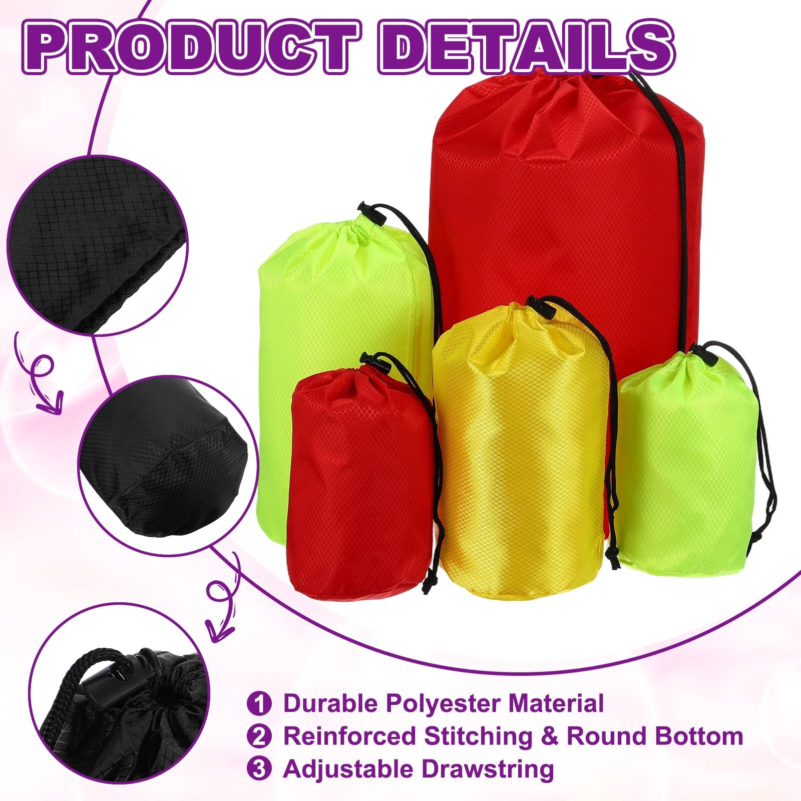 PRODUCT DETAILS

1. Durable Polyester Material
2. Reinforced Stitching & Round Bottom
3. Adjustable Drawstring