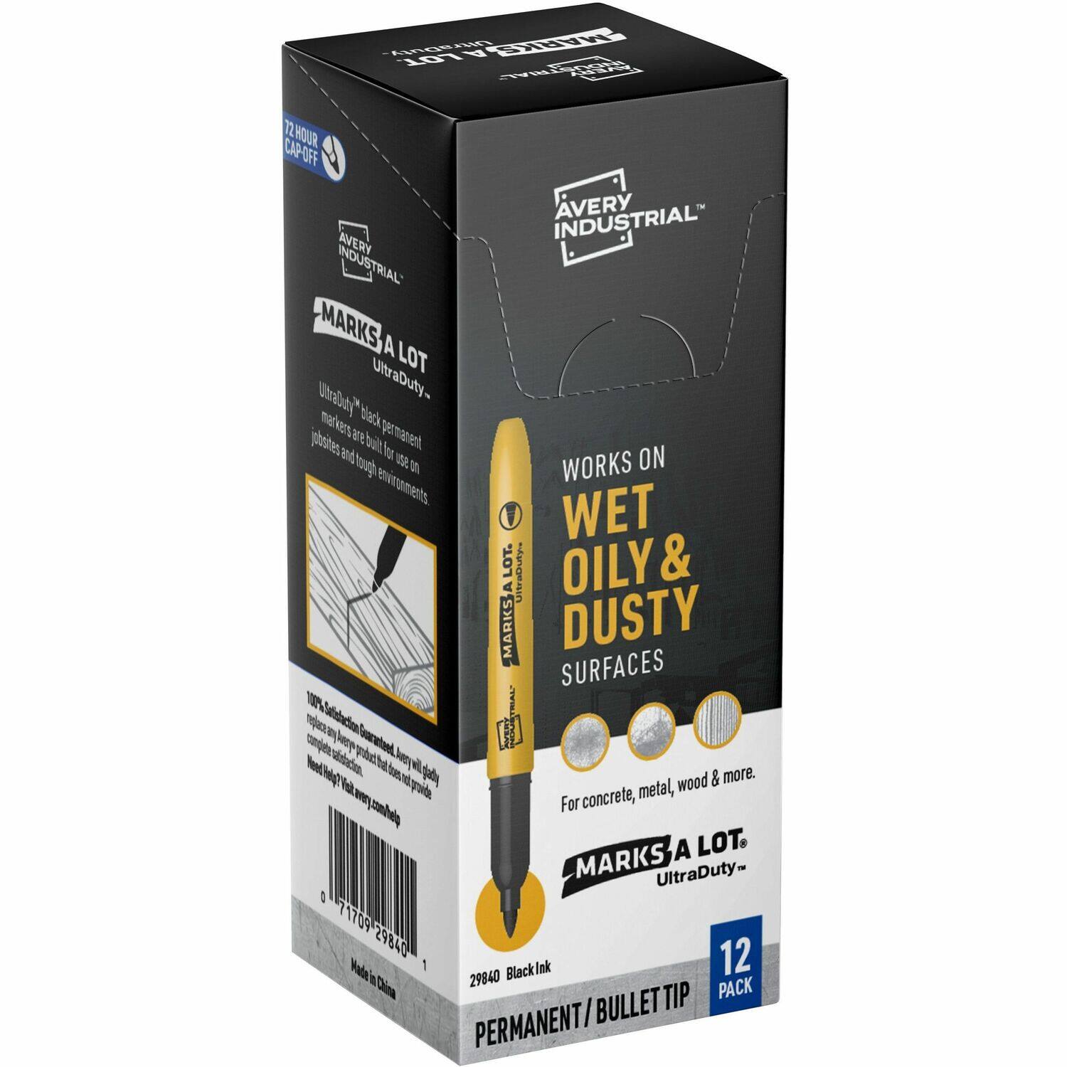 AVERY INDUSTRIAL  
MARKS A LOT  
UltraDuty  
UltraDuty black permanent markers are built for use on jobsites and tough environments.  
12 HOUR CAP-OFF  
WORKS ON WET, OILY & DUSTY SURFACES  
For concrete, metal, wood & more.  
100% Satisfaction Guaranteed.  
Made in China  
0 77109 29840  
29840 Black Ink  
PERMANENT / BULLET TIP  
12 PACK