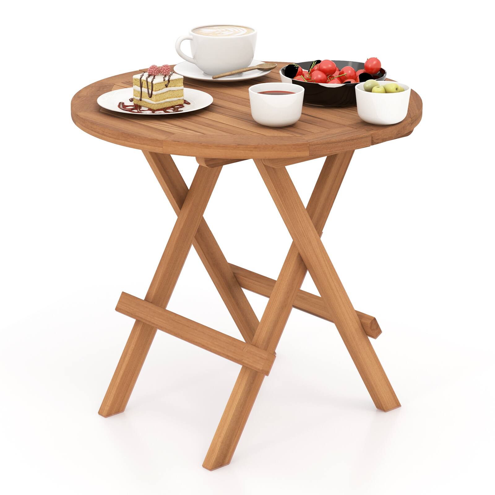 Alt View 8. Costway - Costway 1 PC Patio Folding Side Table Indonesia Teak Wood Round Slatted Tabletop Portable Camping - Natural.
