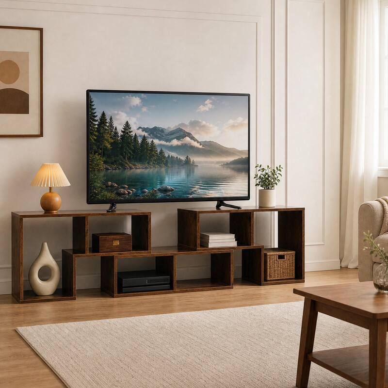 Angle. WELLFOR - 3 PCS Adjustable TV Stand Minimalist Entertainment Center for 43/ 55 /60/ 65 Inch TV Media Console Table - Brown.