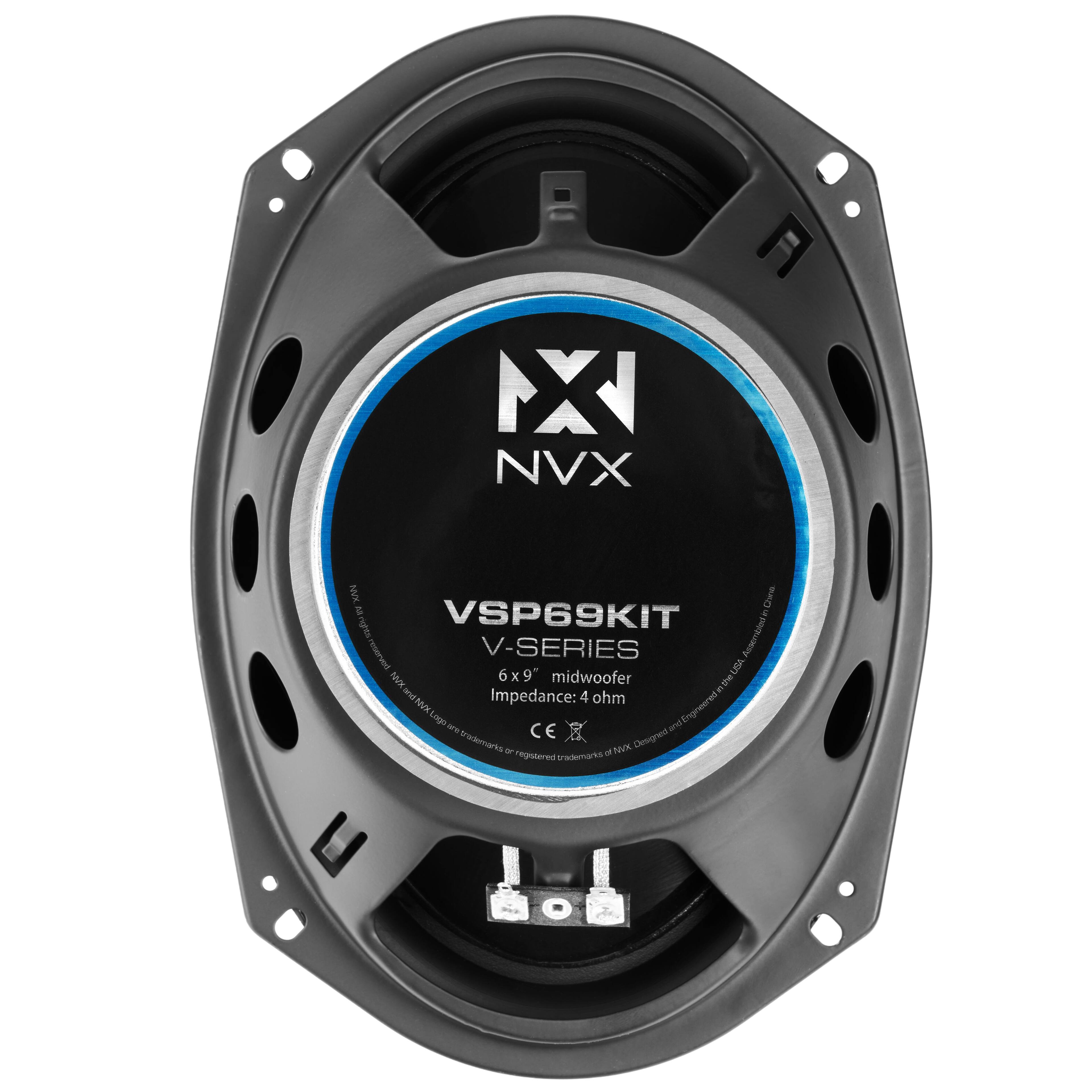 NX NVX N Chare VSP69KIT 4 ingt Actents reservd V-SERIES 6x9" vSn XAN midwoofer te nos . and Impedance: 4 ohm Mx  Lnge Ener - CE and crademaris vk Designed -  mgotered iraderarts U