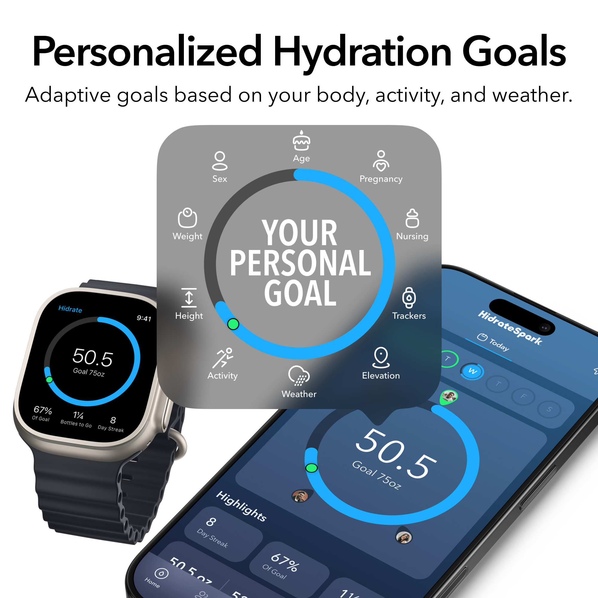 Age  
Sex  
Pregnancy  
Hidrate  
50.5  
Goal 75oz  
67%  
1%  
De  
Goal 8  
Bartes - de  
Day sigrea  
Weight  
YOUR  
Nursing  
PERSONAL  
I GOAL  
9:41  
Height  
Trackers  
HidrateSpark  
Today  
Elevation  
Activity  
Weather  
F  
S  
Goal 50.5  
75oz  
8  
Highlights  
Day Streak  
50  
5 OI  
67%  
Goal  
Home  
07 g  
11 M