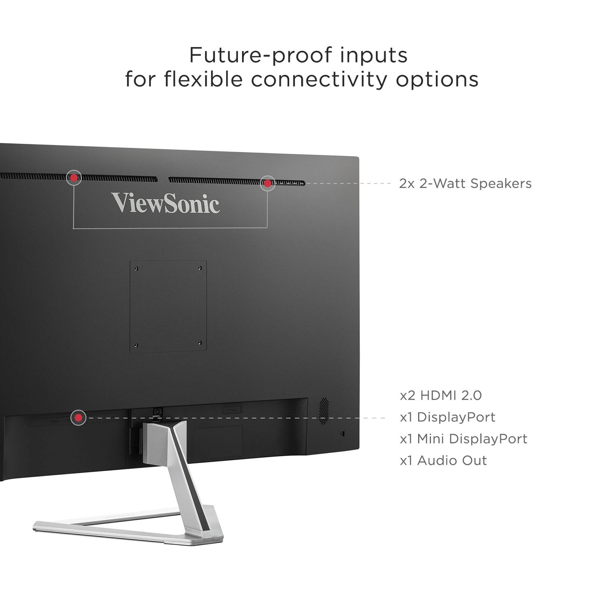 Future-proof inputs for flexible connectivity options

- 2x 2-Watt Speakers
- x2 HDMI 2.0
- x1 DisplayPort
- x1 Mini DisplayPort
- x1 Audio Out