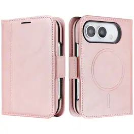 Dteck - Shockproof RFID Leather Wallet Phone Case for Apple iPhone Duo, Detachable Magnetic 2 in 1 Folio TPU Protective Cover - Pink