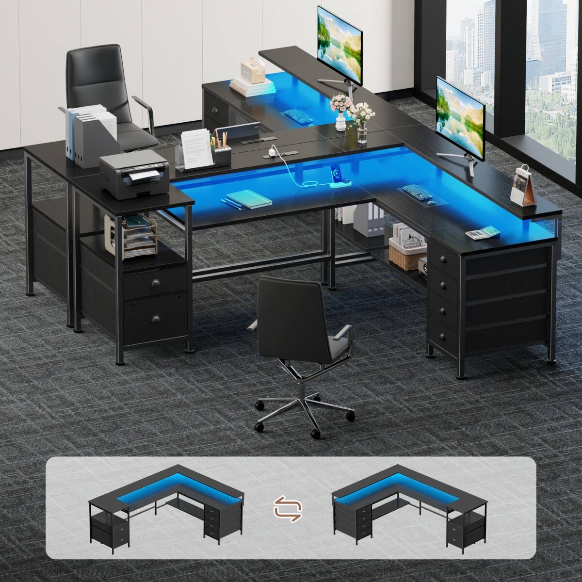 Alt View 6. Furnulem - L Shaped Gaming Desk with LED Lights Power Outlet 6 Fabric Drawers Reversible Corner Computer Desk for Home Office - Black.