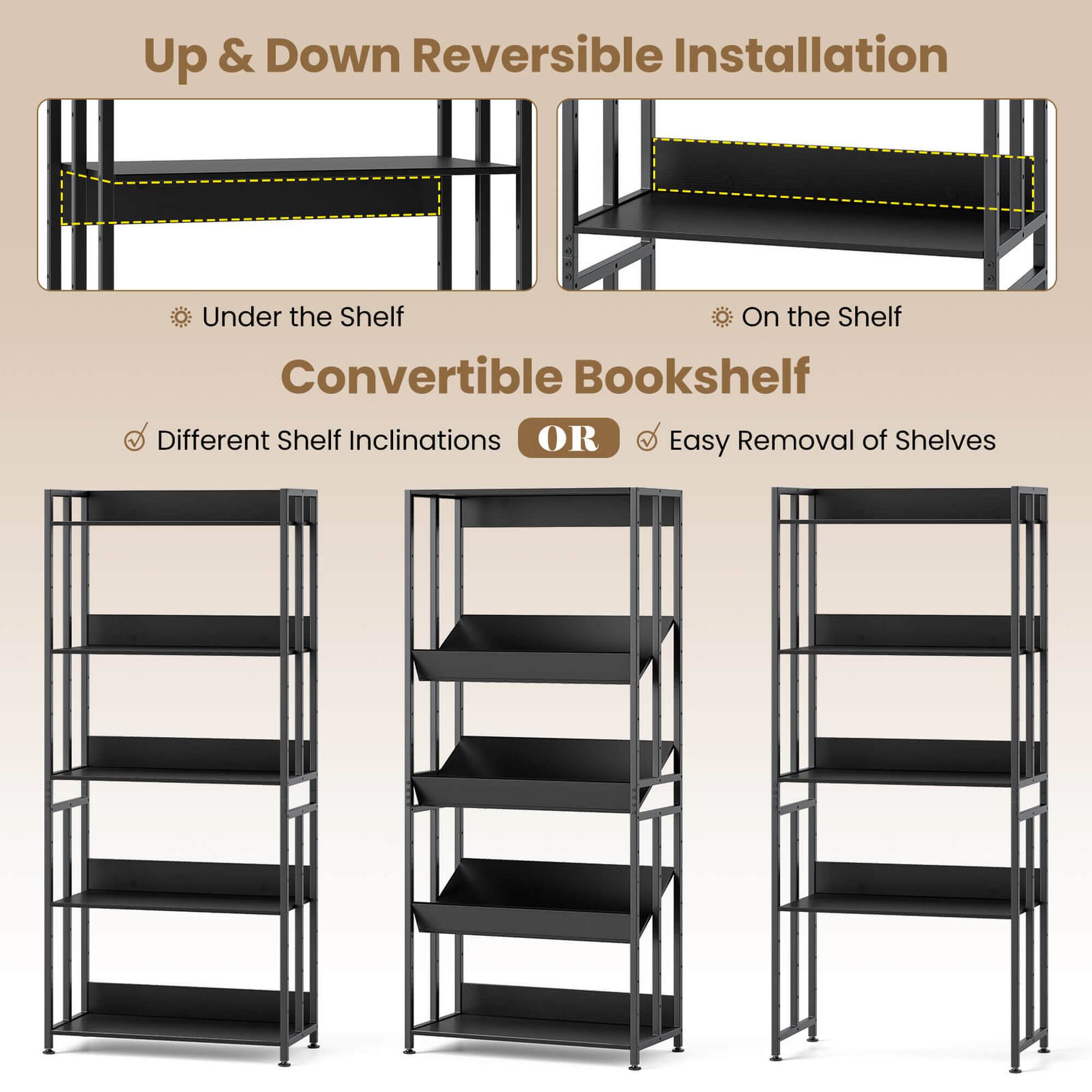 Up & Down Reversible Installation

Under the Shelf
On the Shelf
Convertible Bookshelf
Different Shelf Inclinations OR Easy Removal of Shelves