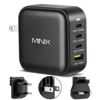 MINIX - 100W Turbo 4-Ports GaN Foldable Wall Charger with 3-USB-C(Max 100W/20W), 1-USB-A(Max 18W), US/EU/UK Plugs for Travel - Black - Front_Zoom