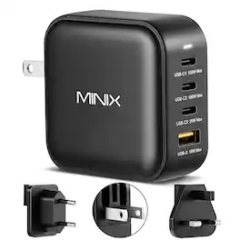 MINIX - 100W Turbo 4-Ports GaN Foldable Wall Charger with 3-USB-C(Max 100W/20W), 1-USB-A(Max 18W), US/EU/UK Plugs for Travel - Black