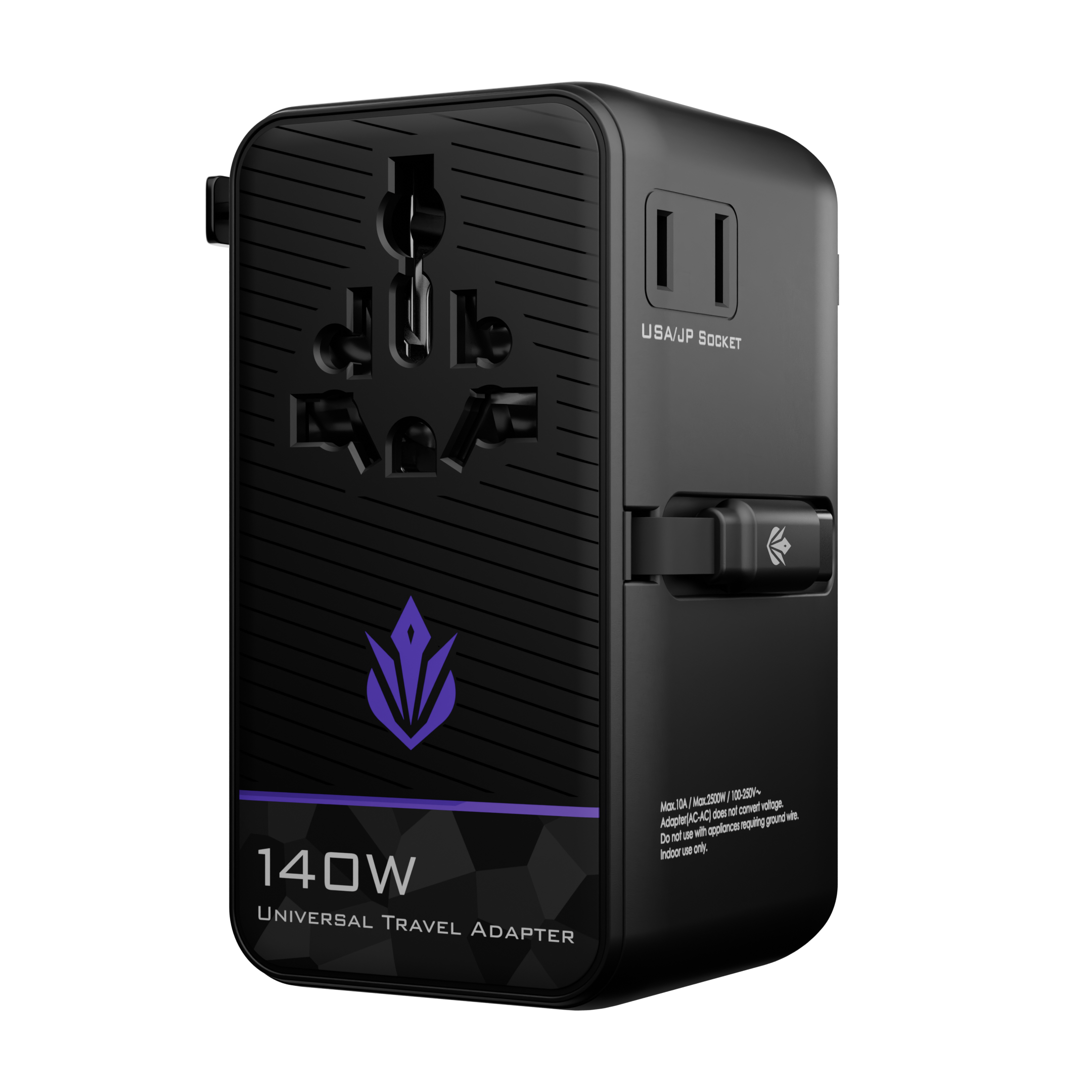 ELO - Phase 140W GaN Universal Travel Adapter with 2 USB-C, 2 USB-A Ports & 1 AC Outlet - US/UK/EU/AU Plugs - Black - Black, Purple