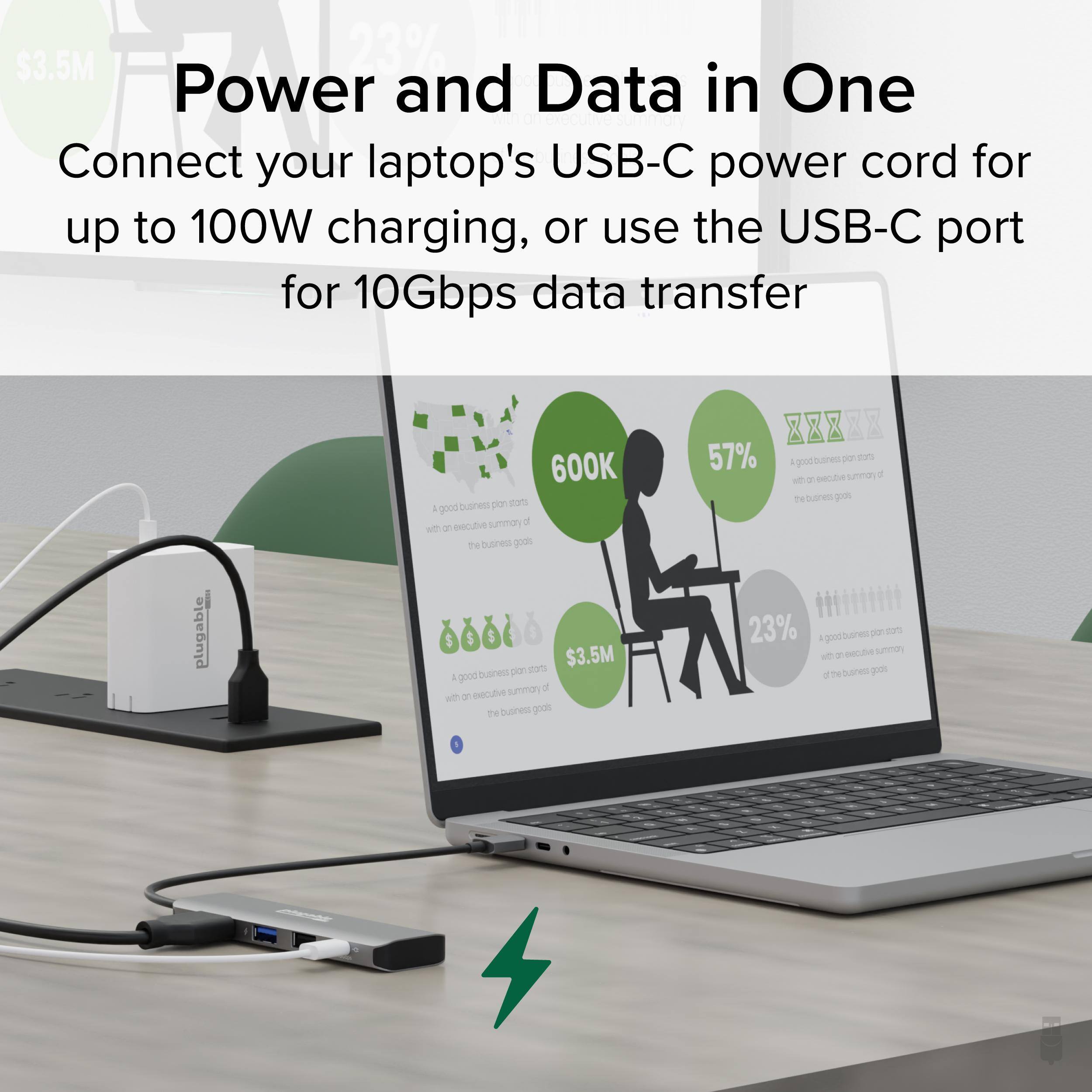 $3.5M 23% Power and Data in One Connect your laptop's USB-C power cord for up to 100W charging, or use the USB-C port for 10Gbps data transfer

600K business plans - good summary d wt - ebe 20 business goods 57% puires om o yood summey d it - secd Te a -n goo plugable $ $ $ $3.5M busness pian carts 4 good summar d wth - CD te business 2000 23% good ures pe 20 mneethesrey GA unna