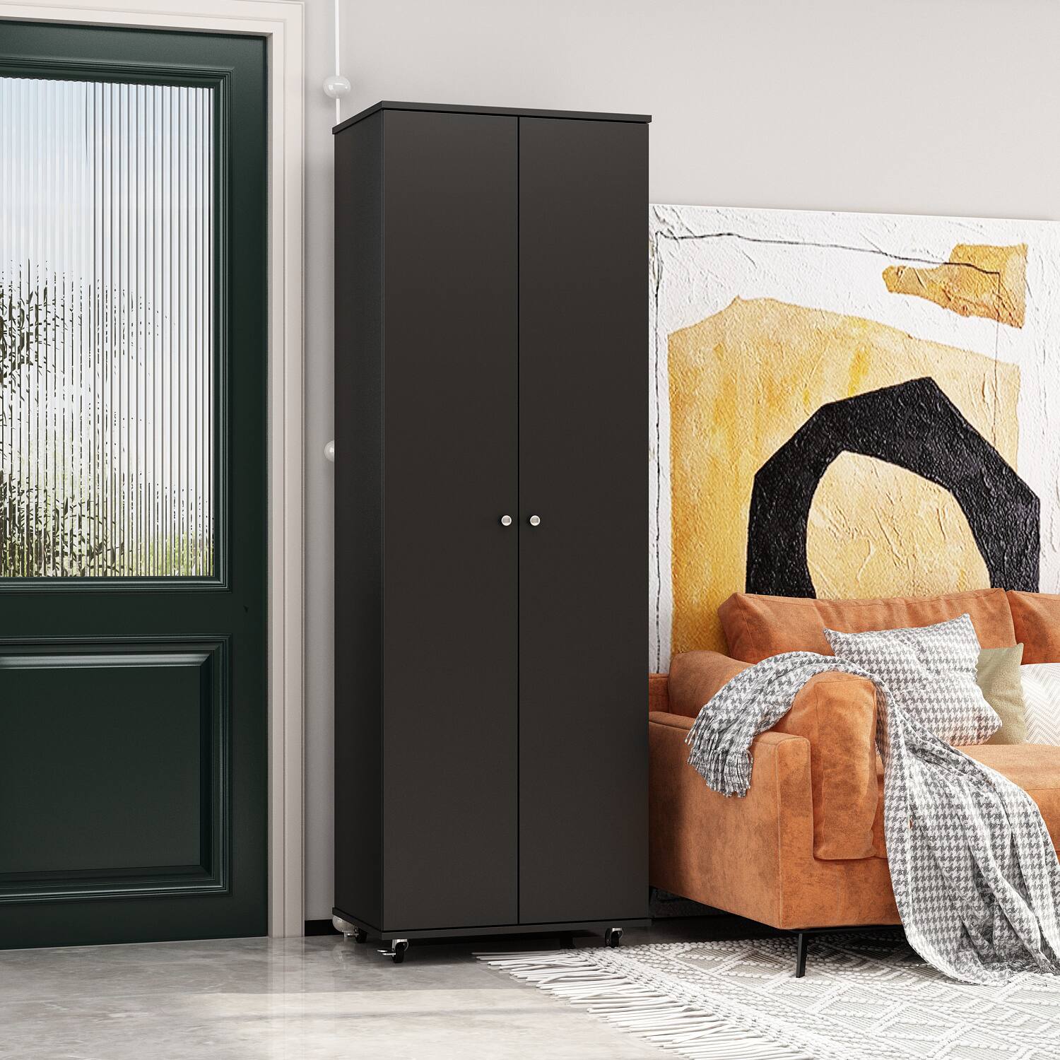 Left. FUFU & GAGA - Large Capacity Rolling Shoe Cabinet with 360° Swivel Wheels – Durable Family Storage Organizer - Black.