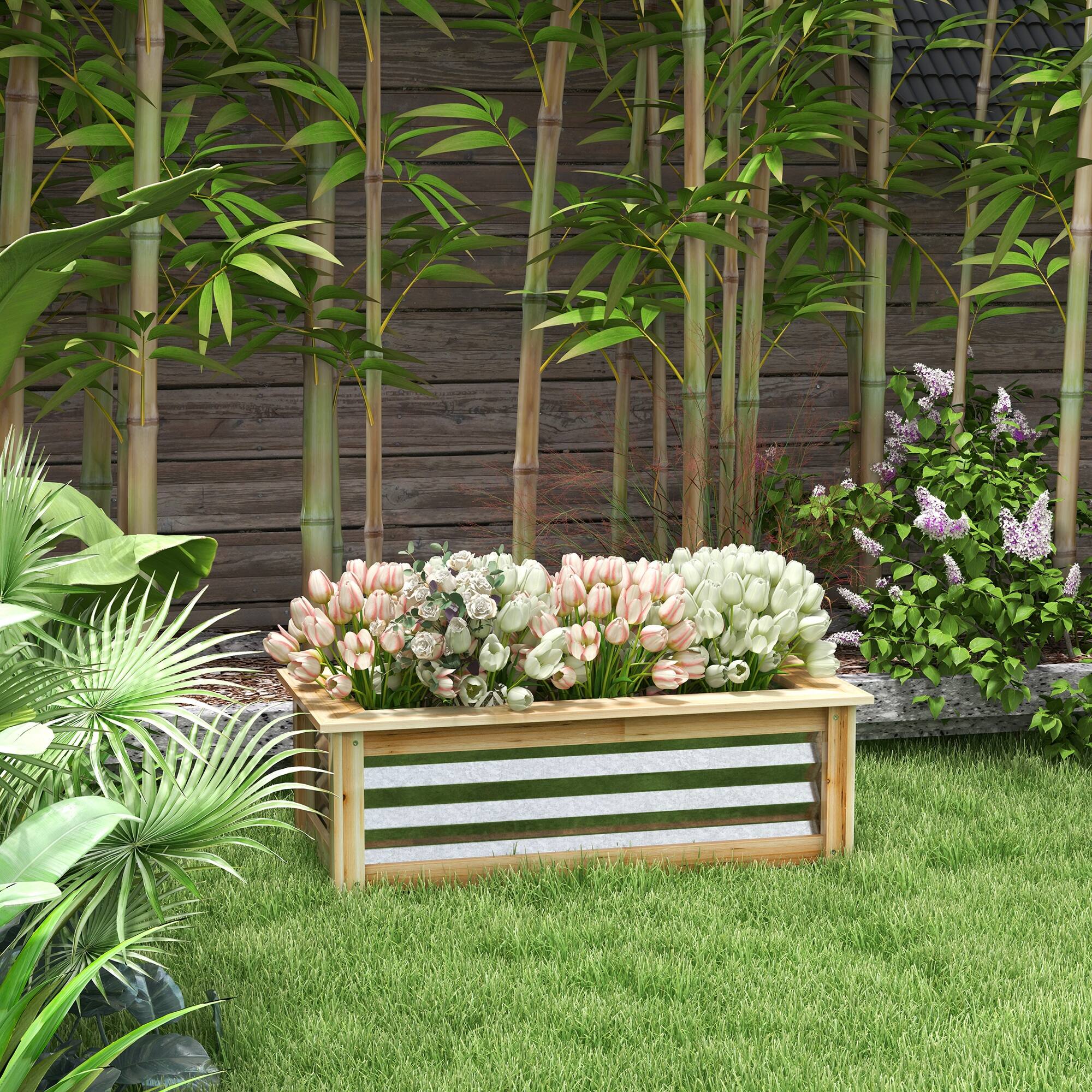 Alt View 1. Outsunny - Garden Bed, Planter Box, Metal and Wood Combined, for Growing Flowers - Silver and Natural.