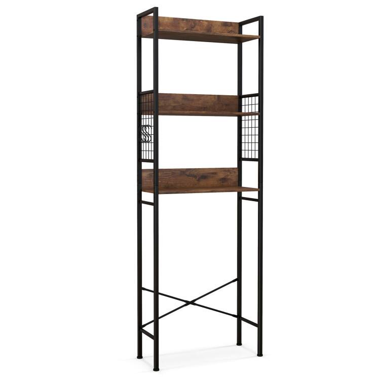 Front. SlickBlue - Space Saving 3-Tier Over Toilet Storage Shelf with 3 Hooks for Bathroom Essentials - Rustic Brown.