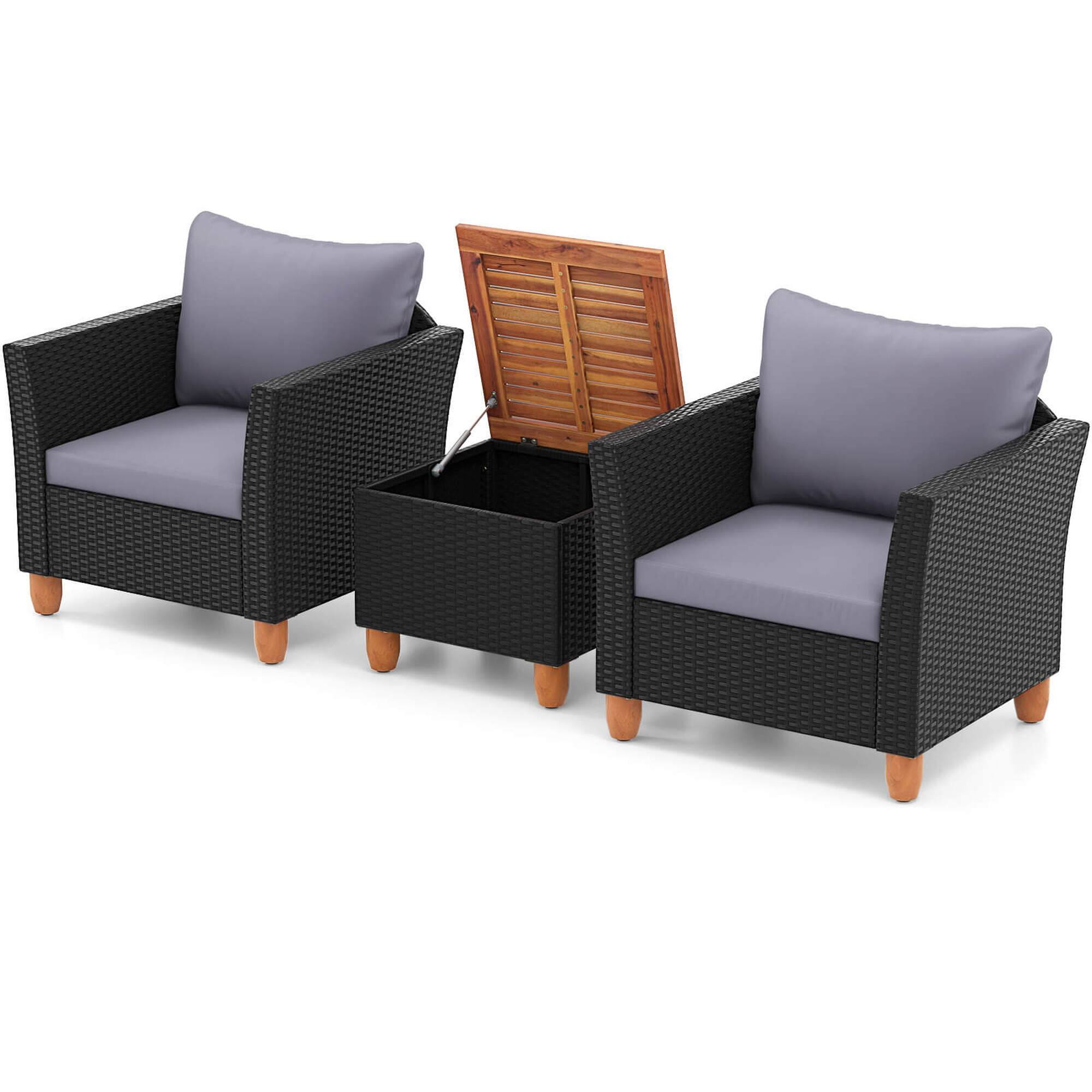 Alt View 6. Gymax - Gymax Set of 3 Rattan Furniture Set Patio Cushioned Sofa Storage Table w/ Wood Top Gray - Black, Gray.