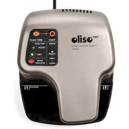 FLEXI TUBE PORT FOOD TYPE STATUS MOIST - PROT oliso smart vacuum sealer" VS95A DRY READY STOP VACUUM WAIT DONE BAG EDGE