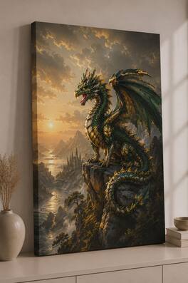 FC Design - Large Emerald Cliff Dragon Wall Art Canvas Print 24x36" Sunset Kingdom Fantasy Painting for Home Decor - MultiColor
