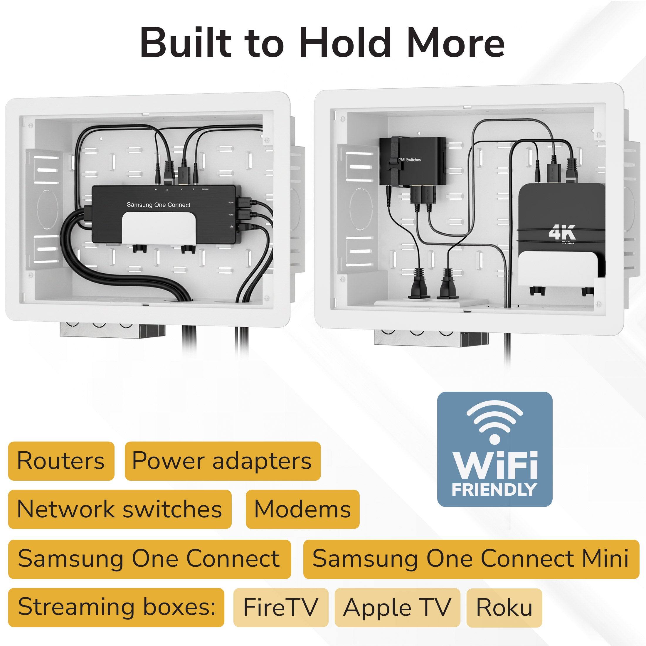 Built to Hold More - Subttas Samsung One Connect 4K Routers Power adapters Network switches Modems WiFi FRIENDLY Samsung One Connect Samsung One Connect Mini Streaming boxes: FireTV Apple TV Roku