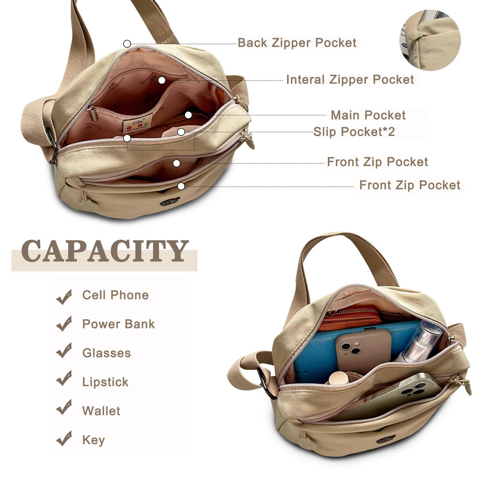 Back Zipper Pocket  
Internal Zipper Pocket  
Main Pocket  
Slip Pocket*2  
Front Zip Pocket  
Front Zip Pocket  

CAPACITY  
- Cell Phone  
- Power Bank  
- Glasses  
- Lipstick  
- Wallet  
- Key