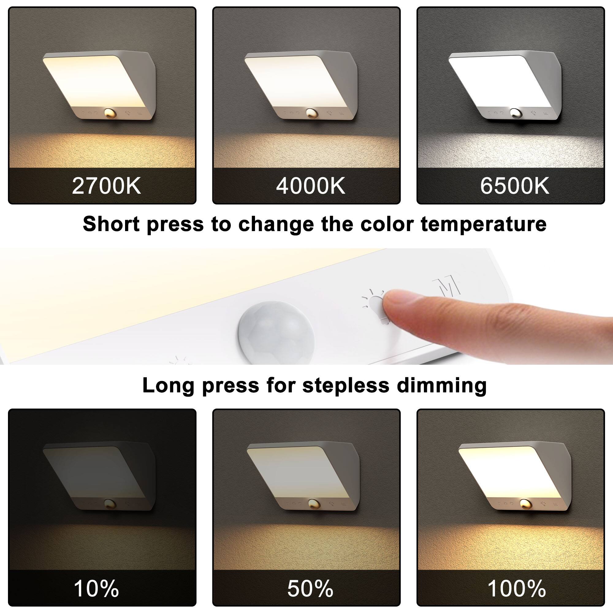2700K  
4000K  
6500K  
Short press to change the color temperature  
Long press for stepless dimming  
10%  
50%  
100%